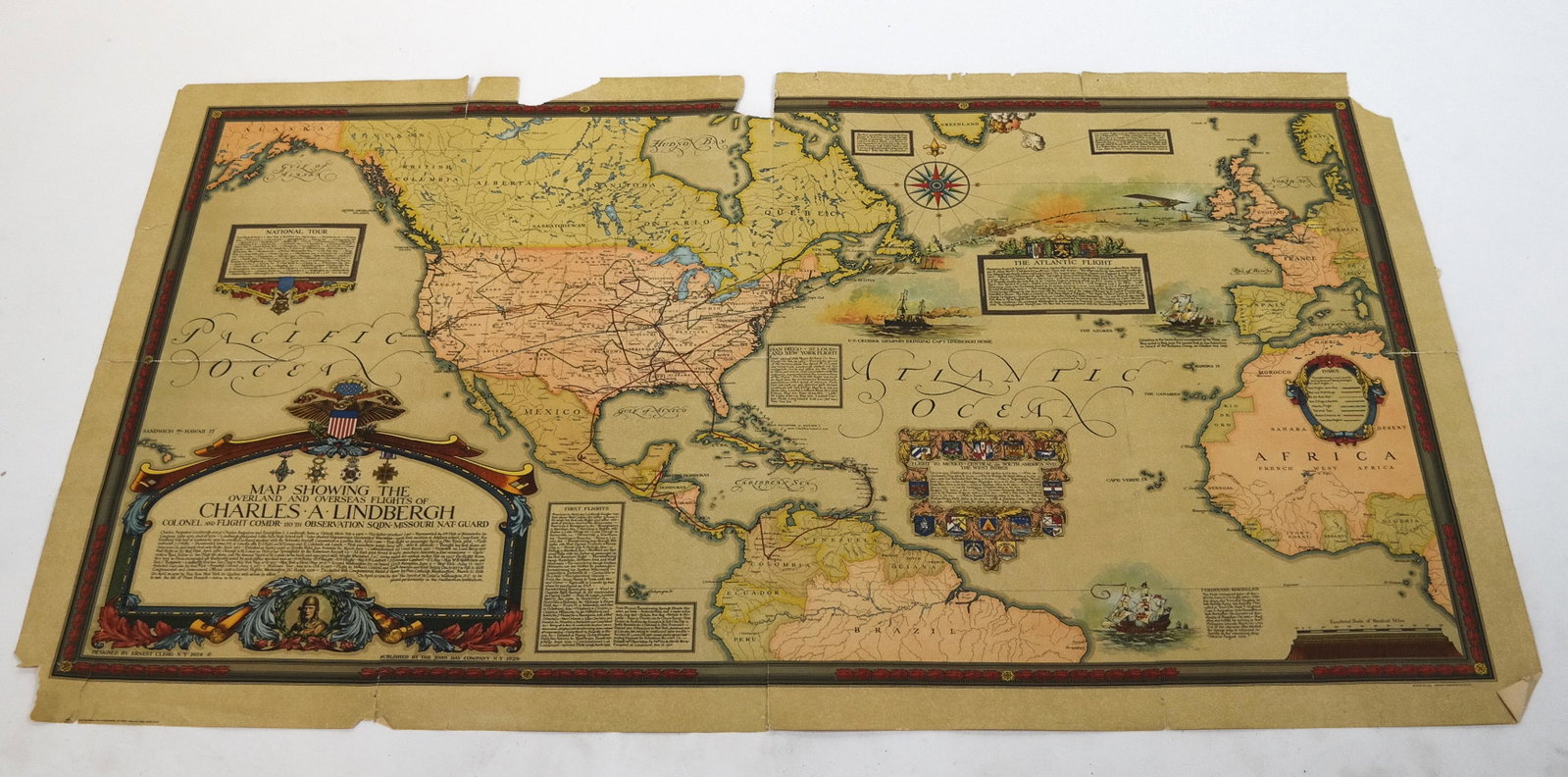 Map Charles Lindbergh Overland and Overseas Flight: Color map showing Charles Lindbergh's overland and overseas flights, designed by Ernest Clegg, NY, 1921, published by John Day Company, NY, 1928. A wealth of information and color design. [28 x 48 inc