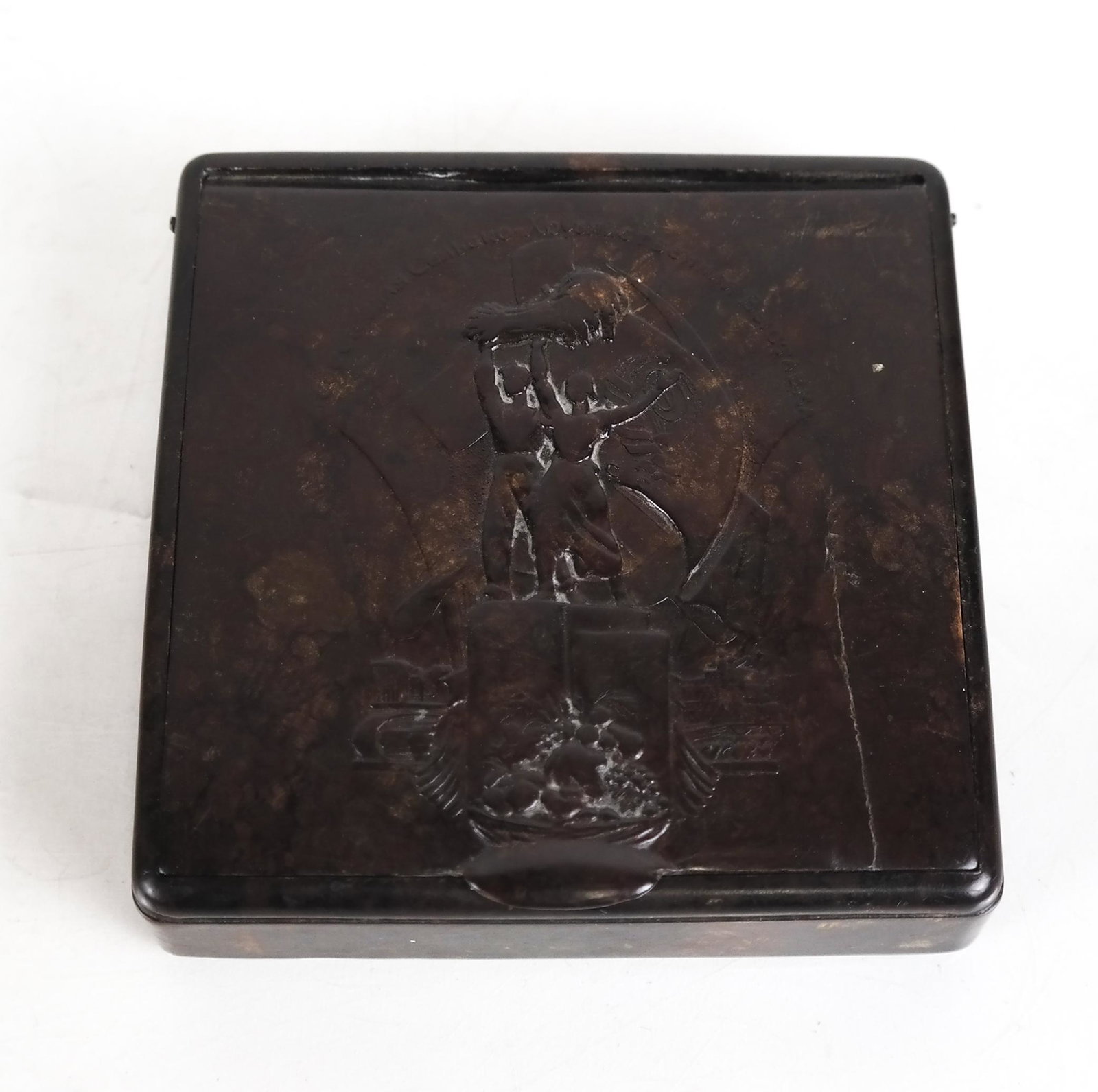 Cigarette Box, Bakelite Industrial Era: Likely Communist, signed and numbered, having all-around raised images and scenes, depicting revolutionary-type subject.