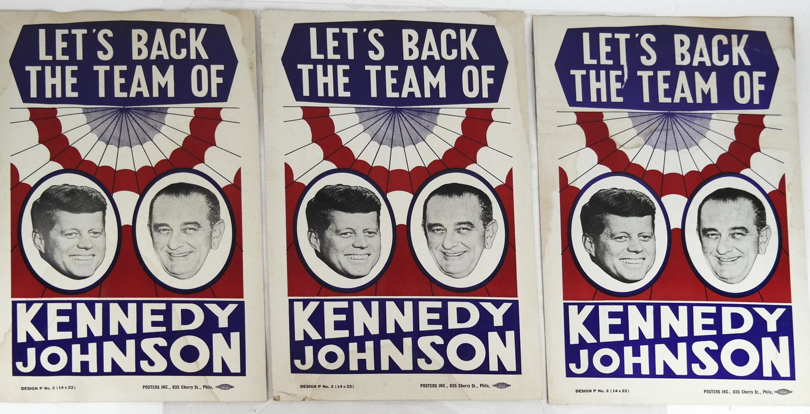 Four Kennedy/Lyndon Johnson Jugate Poster: "Let's Back the Team of Kennedy Johnson" cardboard posters by Posters, Inc., 835 Cherry St., Phila on bottom right with Union bug, noted as "Design P No. 1". In Harvey Goldberg's "The Campaign Items o