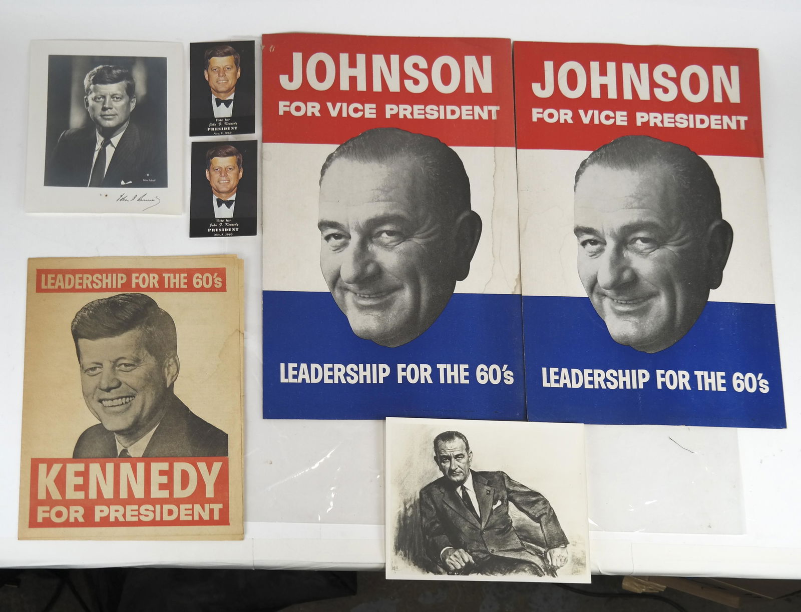 JFK and LBJ Poster and Paper Lot: Pair of "Vote for John F. Kennedy, November 8, 1960" postcards, in White House envelope with facsimile signature of JFK, with photo of JFK (Fabian Bachrach), unused, Suffolk County Democratic Committe