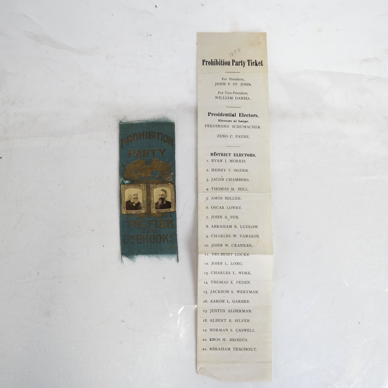 Pair Prohibition Party 1884 Ballot Ticket & Fisk: Prohibition Party Presidential Electors 1884 ticket "For President John St. John. for Vice President William Daniel" on paper. Jugate sepia photos of Clinton B. Fisk (of New Jersey) + John A. Brooks (