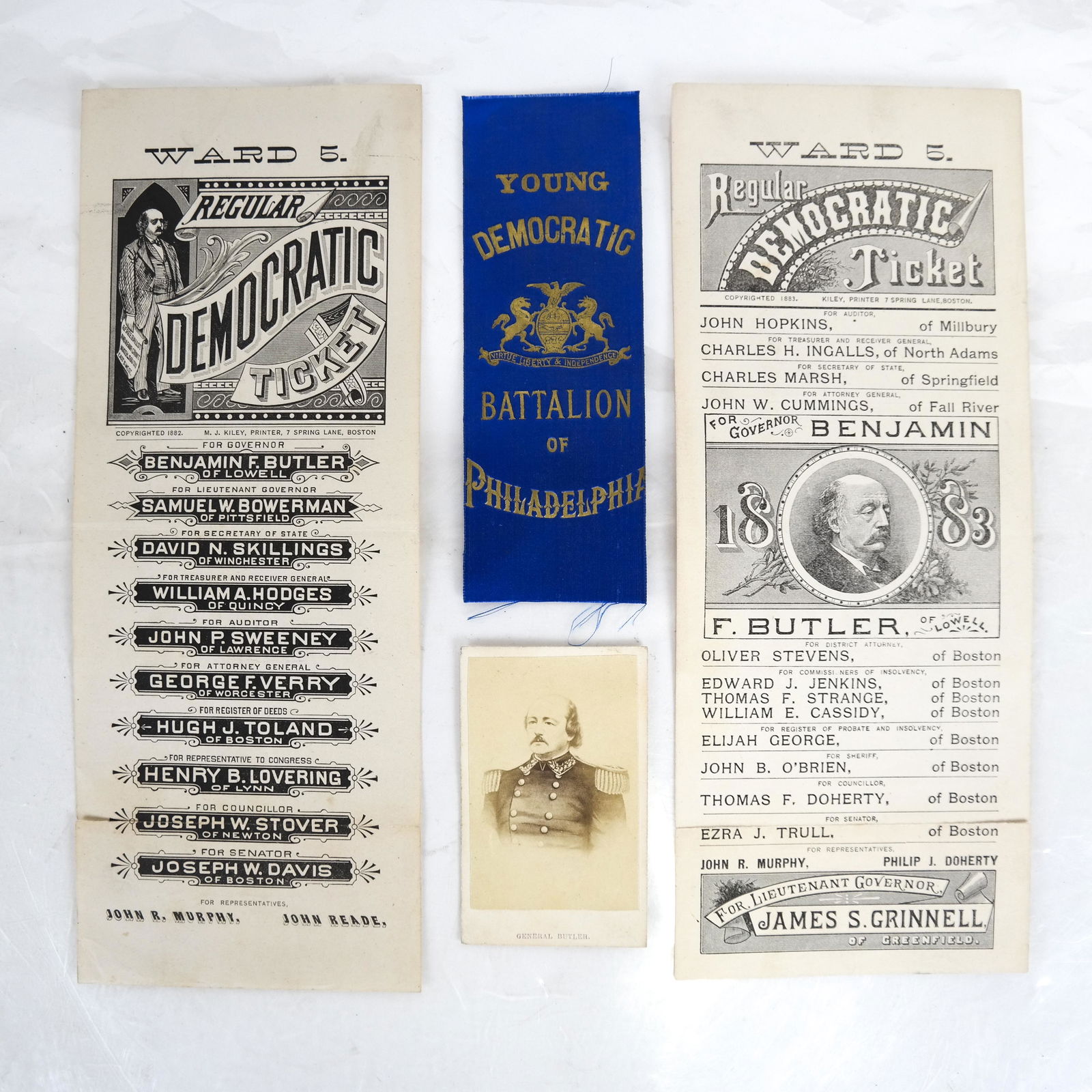 General Benjamin Butler Ticket Lot: Two paper Democratic ballot tickets for Benjamin Butler, Ward 5. Cartes de Visite and blue ribbon "Young Democratic Battalion". In very good to excellent condition.