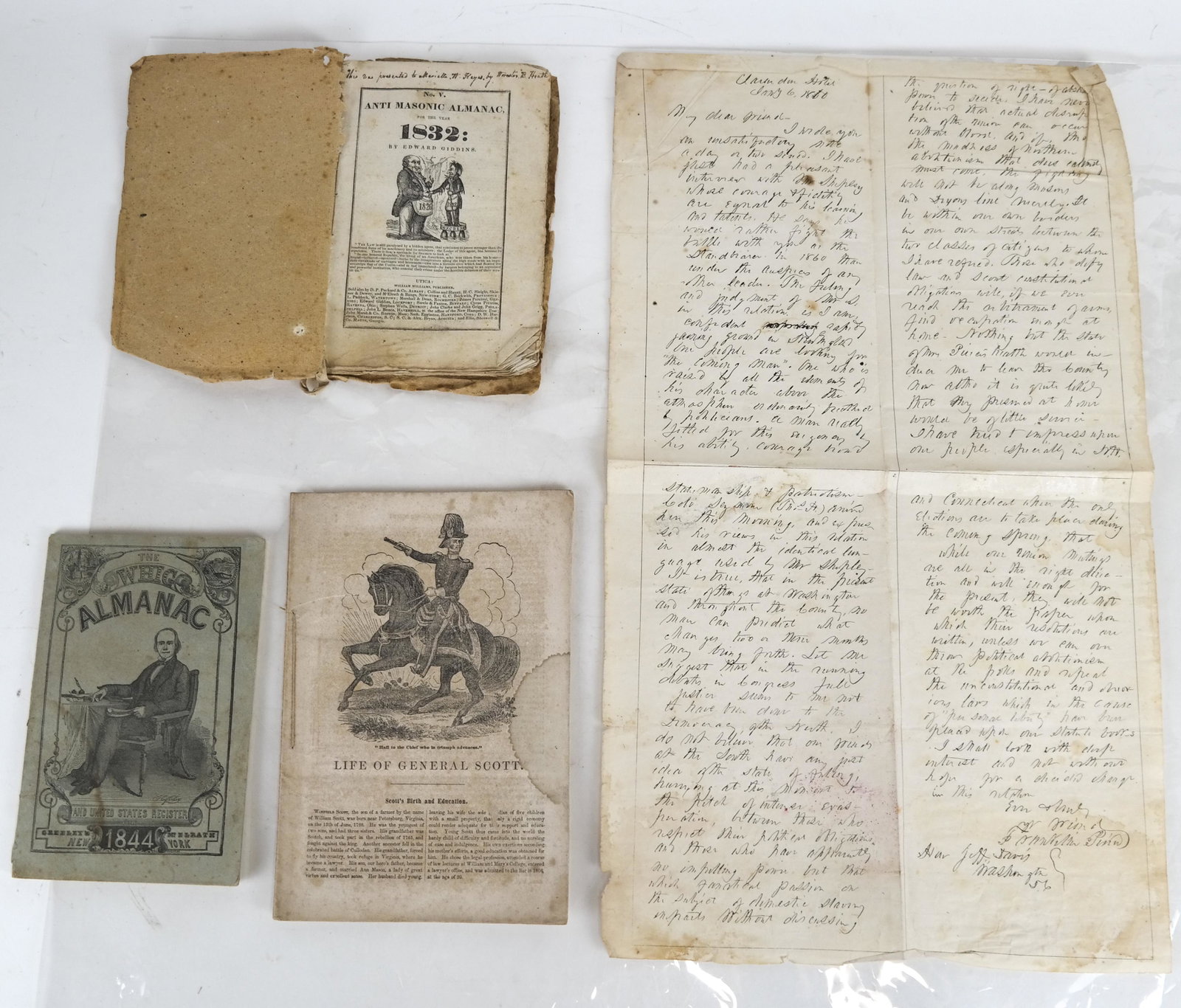 Early Publications: Jefferson Davis, General Scott: Four items: Anti-Masonic Almanac of 1832; Whig Almanac N.Y. 1844; Life of General Scott; letter after Jefferson Davis.