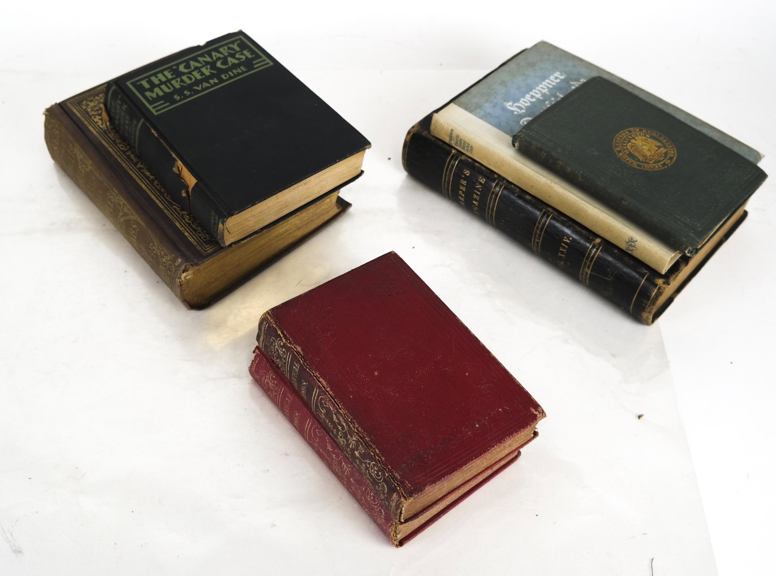 Books: Waterloo, Bible, Harpers 1861-62, Others: Harpers New Monthly Magazine Vol XXIV Dec. 1861-May 1862, The Canary Murder Case, two 1868 NY State manuals, Waterloo, Bible, etc.