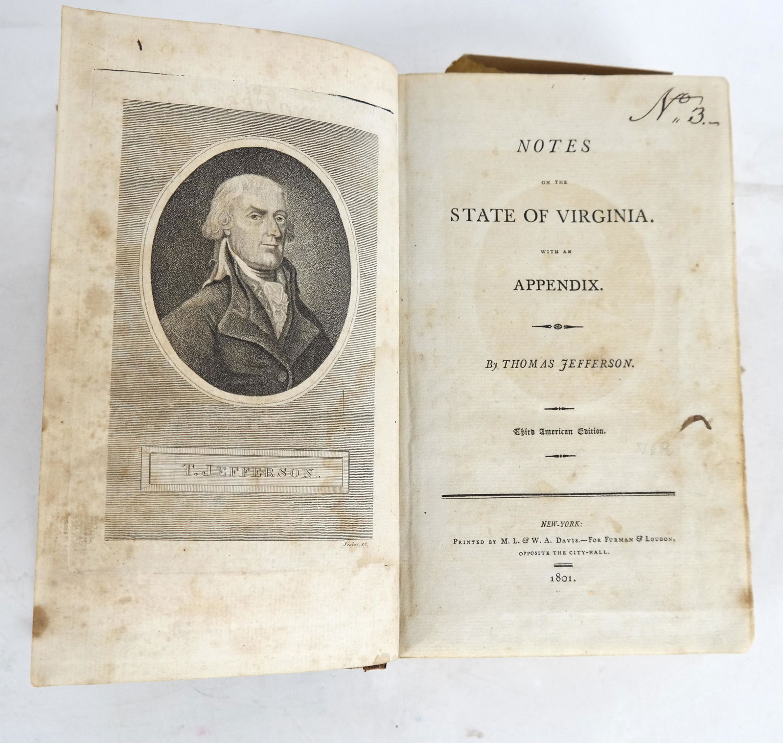Thomas Jefferson Notes on Virginia 1801 Map 3rd Ed: Notes of the State of Virginia with appendix by Thomas Jefferson, 3rd American Edition New York, printed by M.L. & W.A. Davis for Furman & Loudon, opposite the City Hall 1801, with map of Virginia. Pr