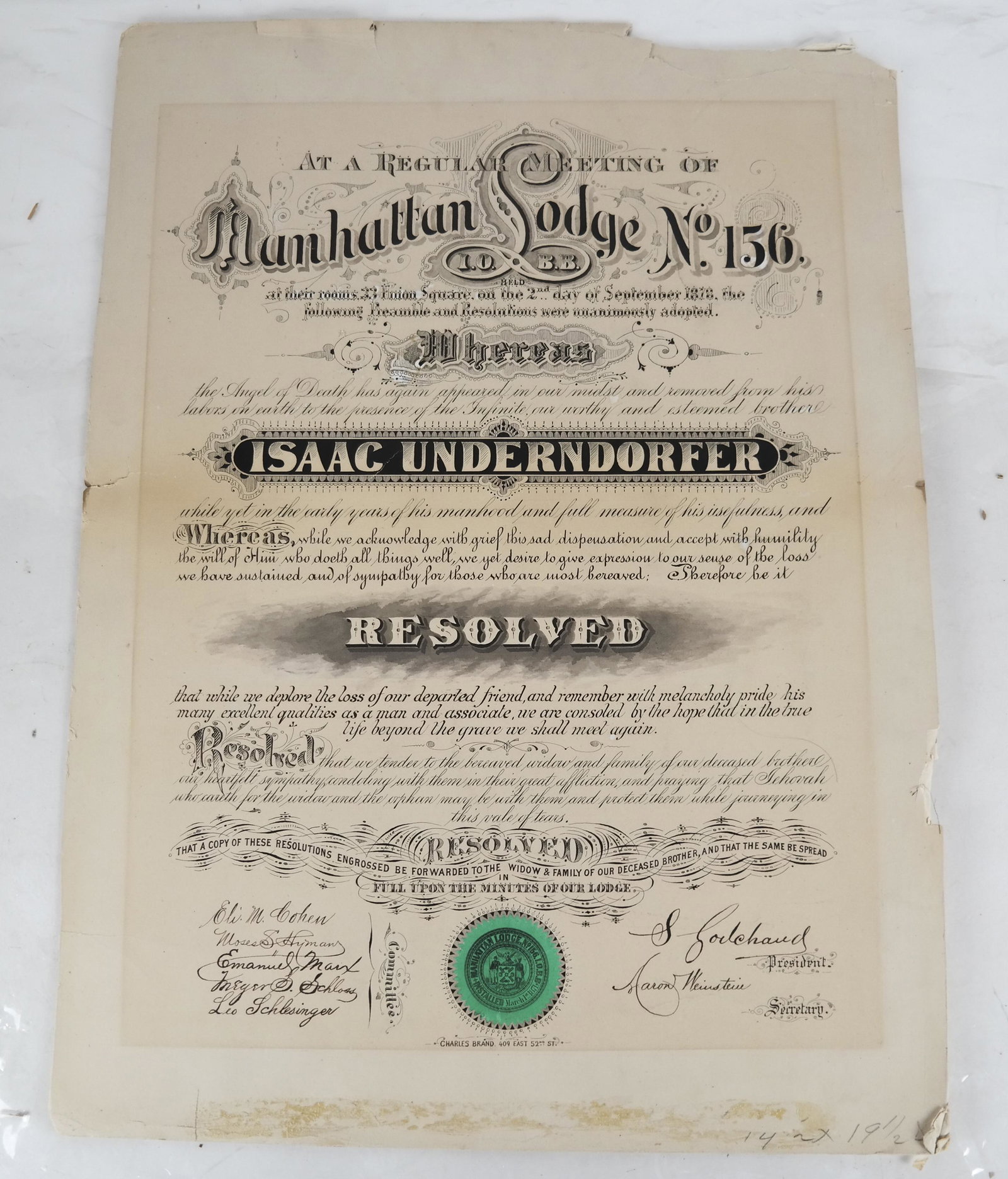 Masonic Manhattan Lodge 156 "Our Deceased Brother": "At a regular meeting of Manhattan Lodge 156, Union Square, 2nd Day Sept. 1878, the following preamble and resolutions were unanimously adopted whereas the angel of death has appeared Isaac Underndorf