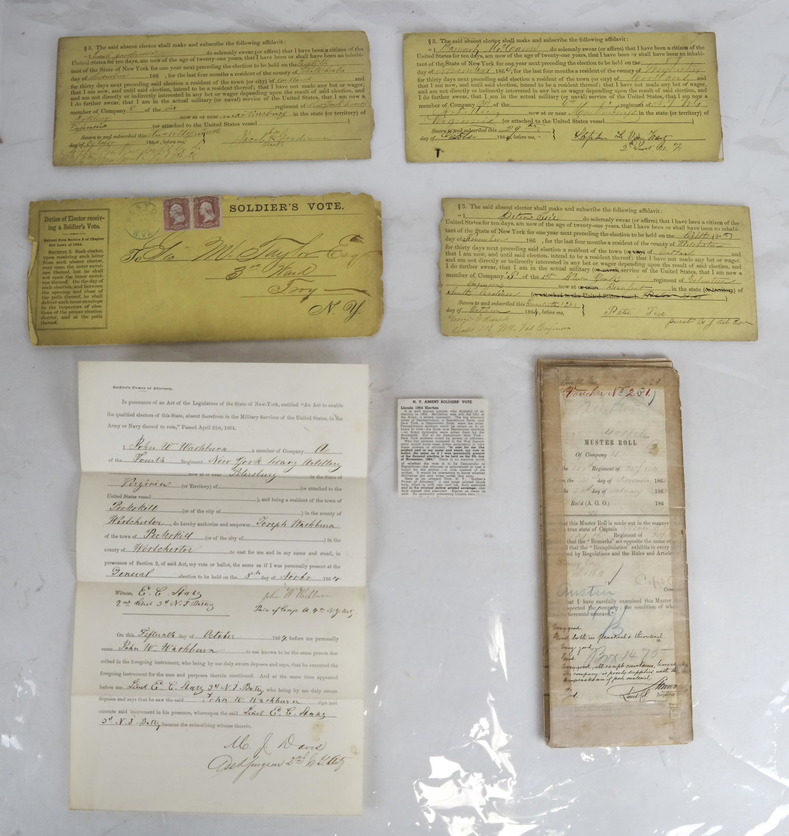 Absent Soldiers Votes, Envelopes + NY Muster Roll: Lot of 5 New York State 1864 Absent Soldiers Vote tickets, 4 of 5 in original mailing envelopes; a soldier's power of attorney. New York soldiers were given permission to vote in the 1864 election by 