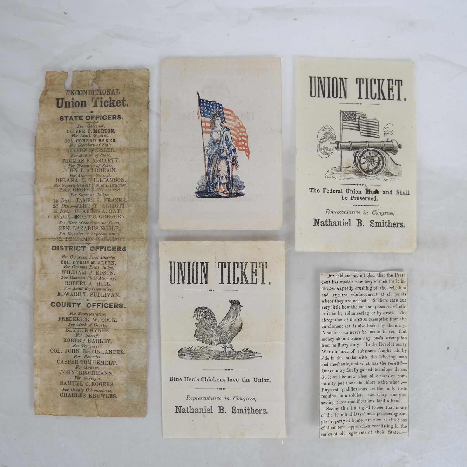 Union Election Tickets, Lot of 4, circa 1860: State Union Tickets For Local Election; Nathaniel B. Smithers for Congress. For Governor Oliver P. Morton (Indiana). The Morton paper ticket (1860) references "For reporter of Supreme Court Col. Benja