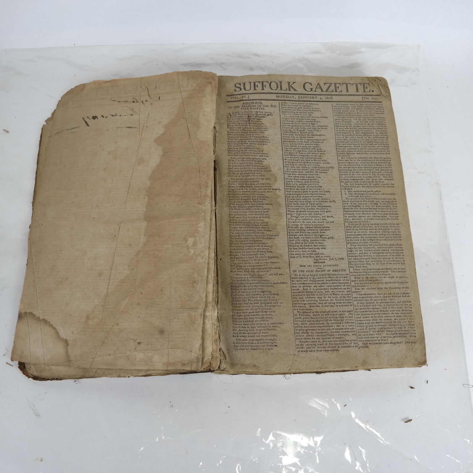 Suffolk County Gazette:1808 + 1809 Bound Editions: Complete 1808 + 1809 bound editions of Suffolk County Gazette. Thomas Jefferson was President during this period and there are lots of contemporary scenes and descriptions of life in America, 1808 + 1