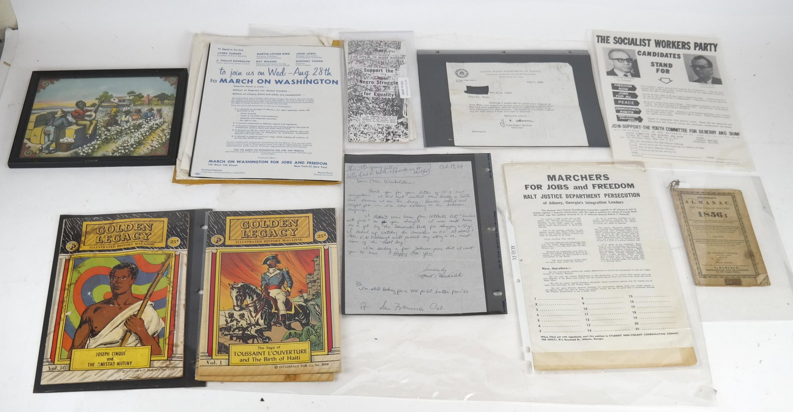 African-American Collection Memorabilia, Assorted: Group includes political pamphlet of Socialist Workers Party, marchers for jobs, 1858 National Anti-Slavery Standard newspaper, Negro-News Paper, 1856 Almanac, Golden Lewey magazine, signed Hoover let