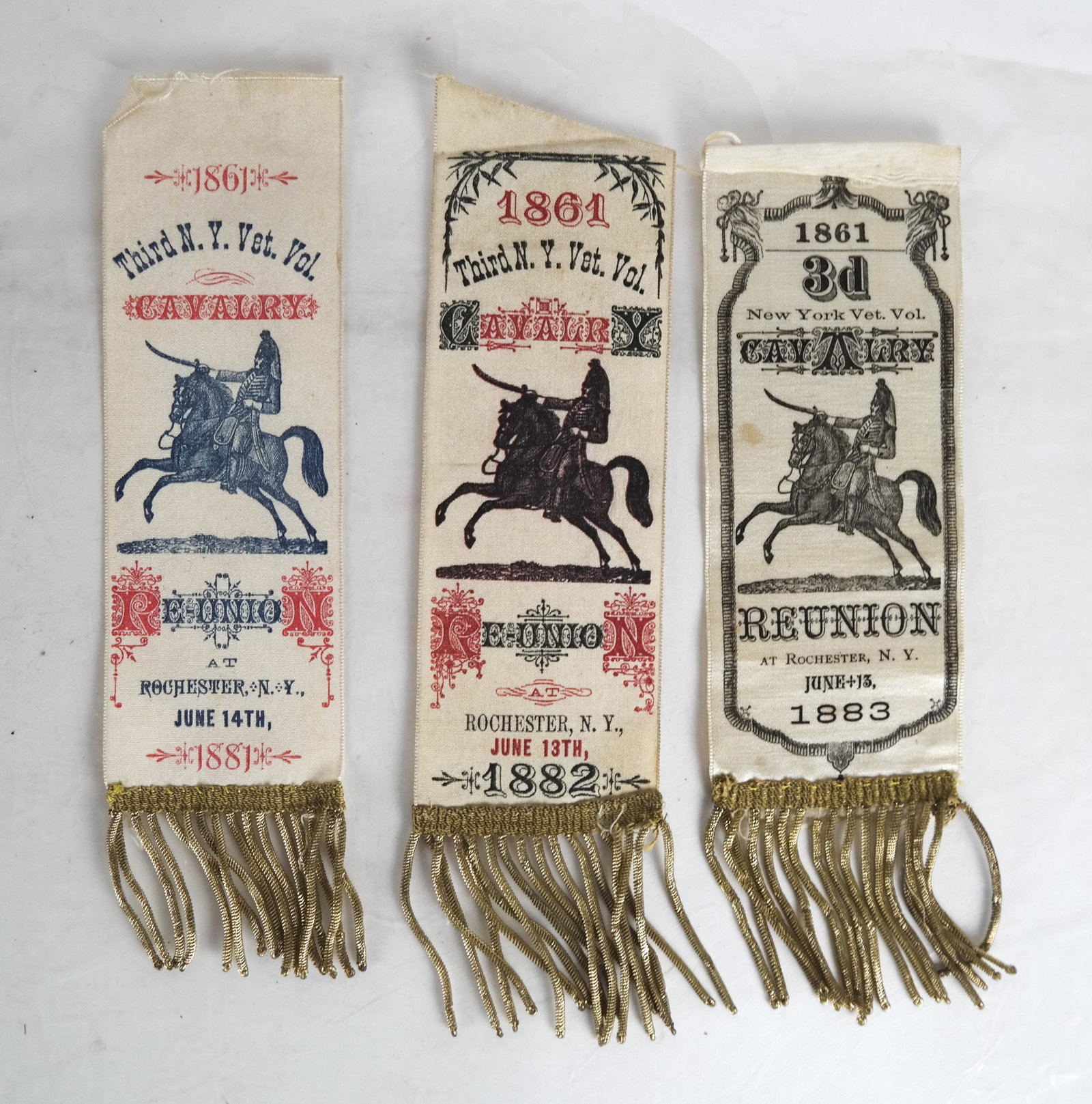 G.A.R. Reunion Ribbons, 1881-1883: Three consecutive years (1881, 1882 and 1883) of "Third N.Y. Vet. Volunteer Cavalry" ribbons, Rochester, NY.