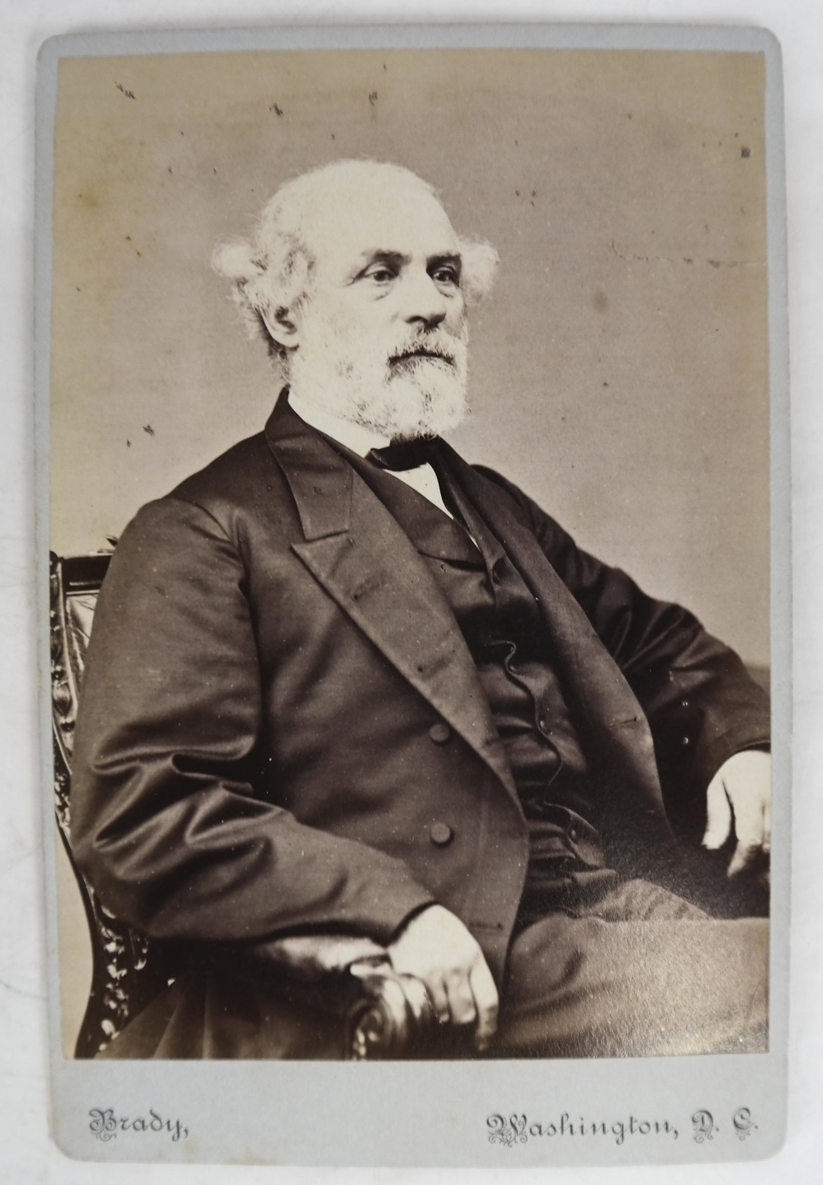 Gen. Robert E. Lee Cabinet Card: Confederate General Robert E. Lee cabinet card, identified as "Brady, Washington, D.C." on obverse. Reverse: "L.C. Handy, Photographer, South Washington, D.C.".