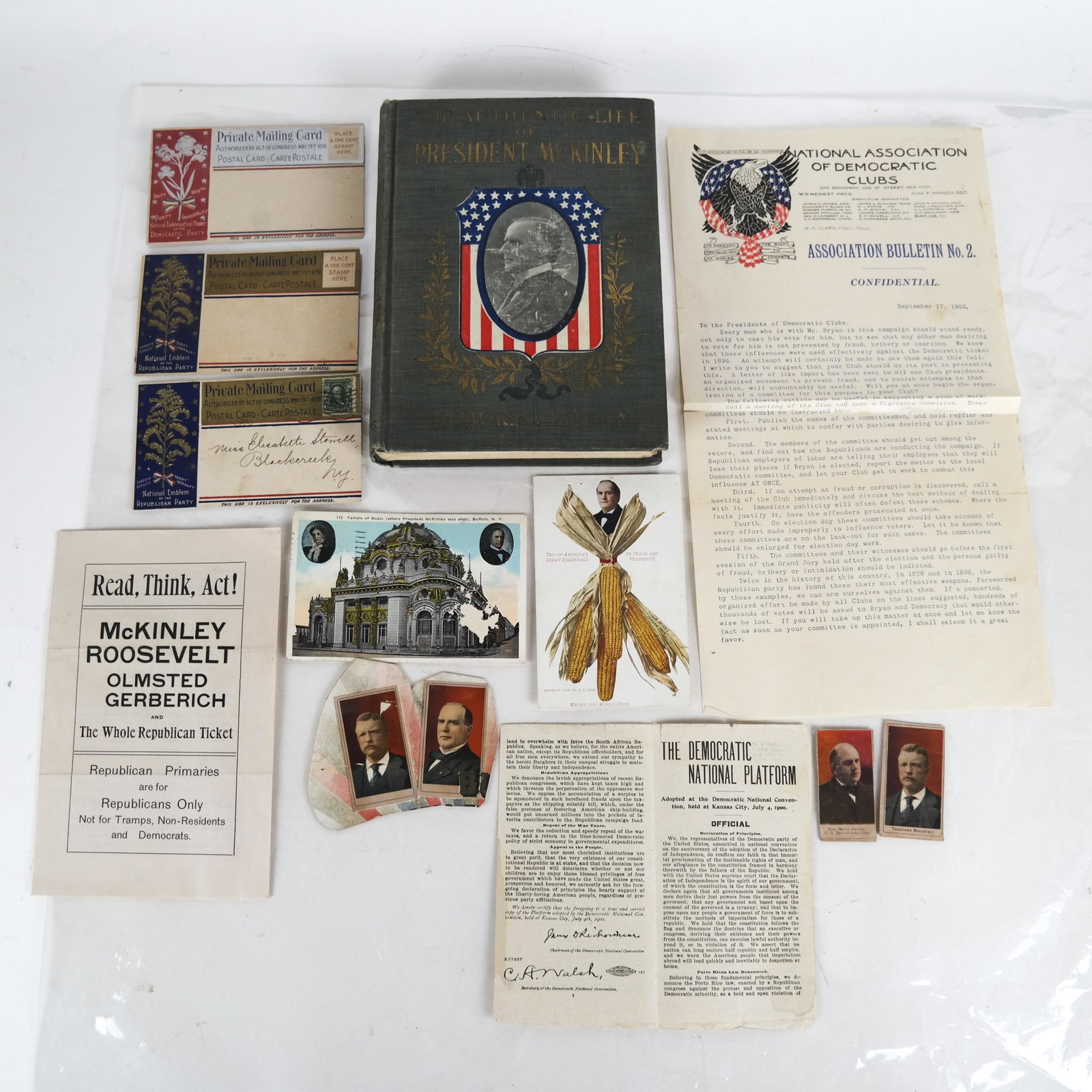 Wm. McKinley & Wm. J. Bryan 1900 Election Ephemera: Comprises 1.) 1900 Democratic National Convention Guest Ticket. Includes ticket, as well as accompanying smaller tickets for each of the eight sessions. Torn off between sixth and seventh session tick