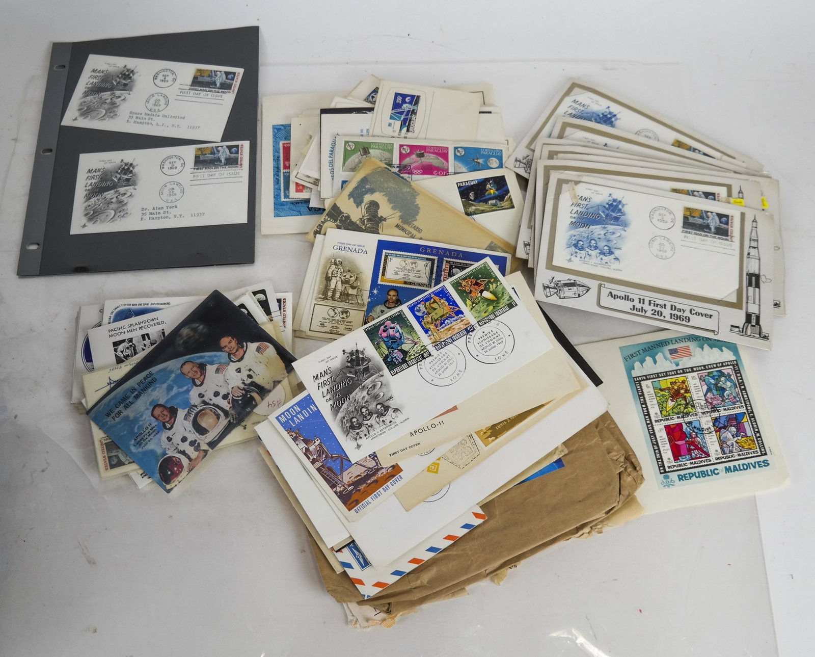 Soviet Space Program Cached Postal Covers: Uncounted lot of Soviet postal covers, envelopes and stamps, spanning three decades, 1959 through 1975. Includes commemorative and first day issues. Much duplication, should be viewed in person. Condi