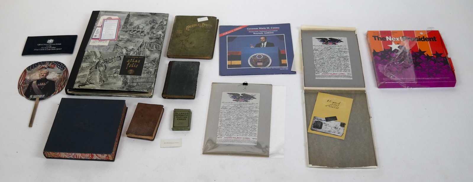 Games, LP, Bicentennial Plate, Atlas Folio, More: Lot includes a General Pershing hand fan; "The Next President" nomination card game in box, from 1971; DeLand's Automatic Playing Cards, 1913; two copies of the 100th Anniversary silk "Fac-simile of t