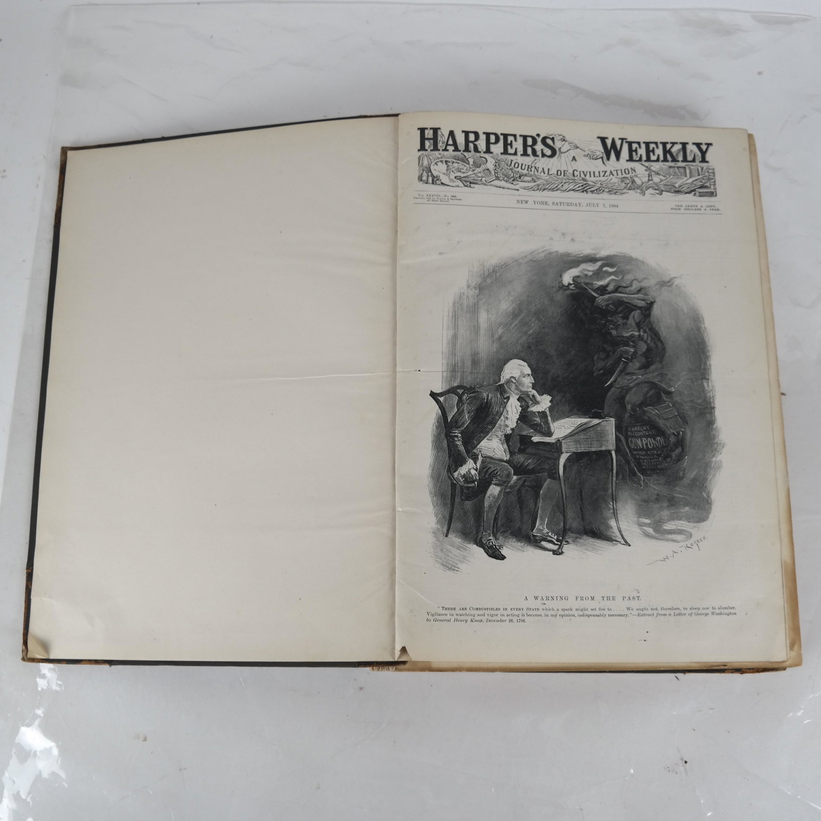 1894 Harper's Weekly, Bound: Bound book of Harper's Weekly magazine for 1894. Pages with toning; spine and binder with wear, losses, abrasions.