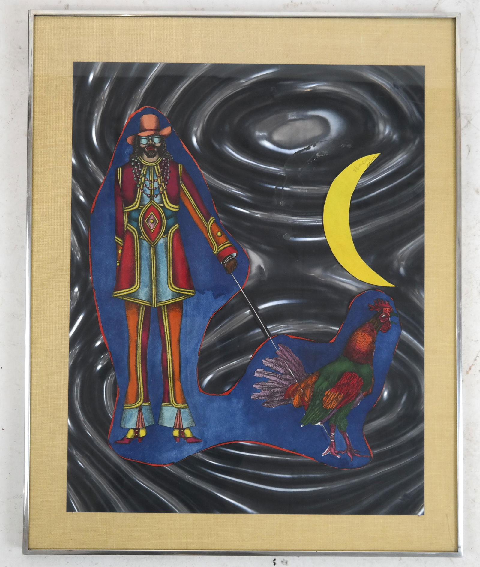 Psychedelic Chicken & Figure - Collage, 15/175: Psychedelic-style chicken and figure collage print, edition 15/175. [Art: 25 x 19 inches; Frame: 30 1/2 x 24 1/2 inches].