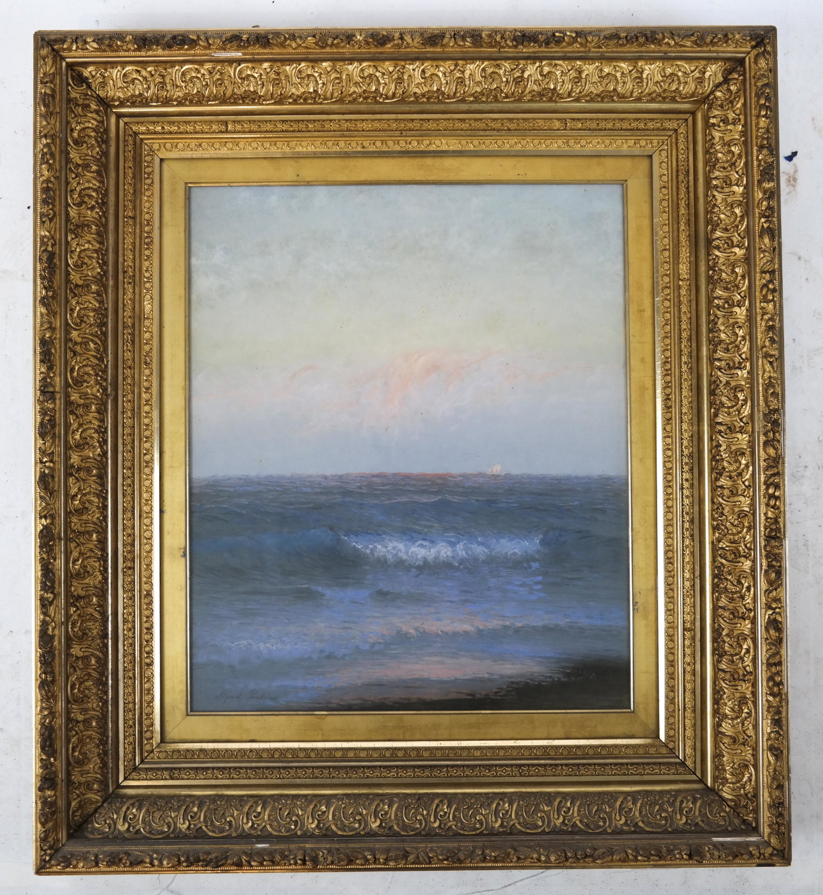 Alfred PERKINS: Ocean at Sunset - pastel: Alfred Perkins pastel, Ocean at Sunset. Signed lower left. [Art (approx): 26 x 22 inches; Frame: 35 1/2 x 32 inches]. Glass appears soiled only; not examined out of the frame.