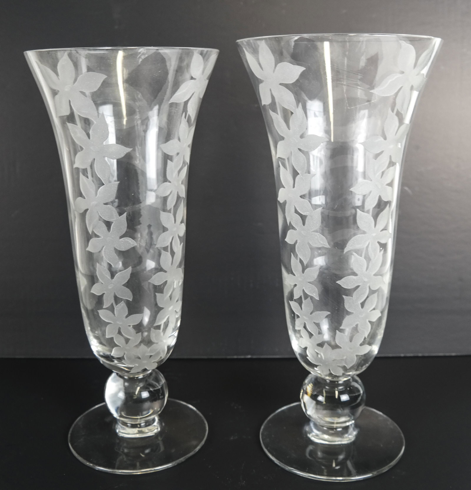 Pair of Franz Grosz Signed Vases: Pair of floral etched vases. [12 1/2 x 5 1/2 (dia) inches]. In good condition.