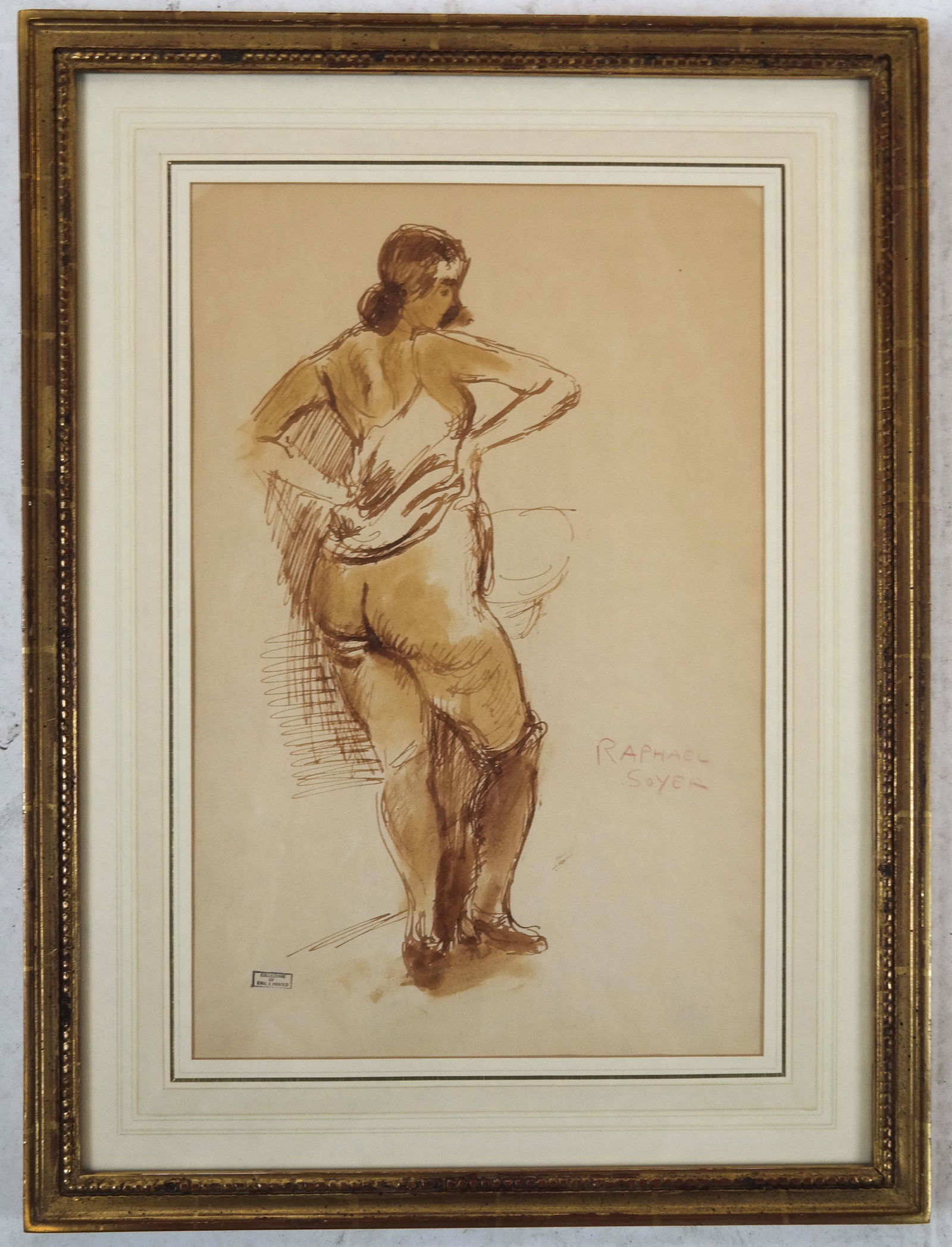 Raphael SOYER: Standing Nude - Lithograph: Raphael Soyer lithograph of a standing nude figure, signed in the plate. Stamped "Collection of Emil J. Arnold". [Sight: 17 3/8 x 11 1/2 inches; Frame: 24 x 18 inches].