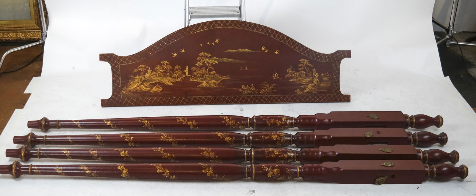 Chinoiserie Decorated Poster Bed: Chinoiserie decorated poster bed gilt and red, with four rails. From the Estate of Nadine Dub.