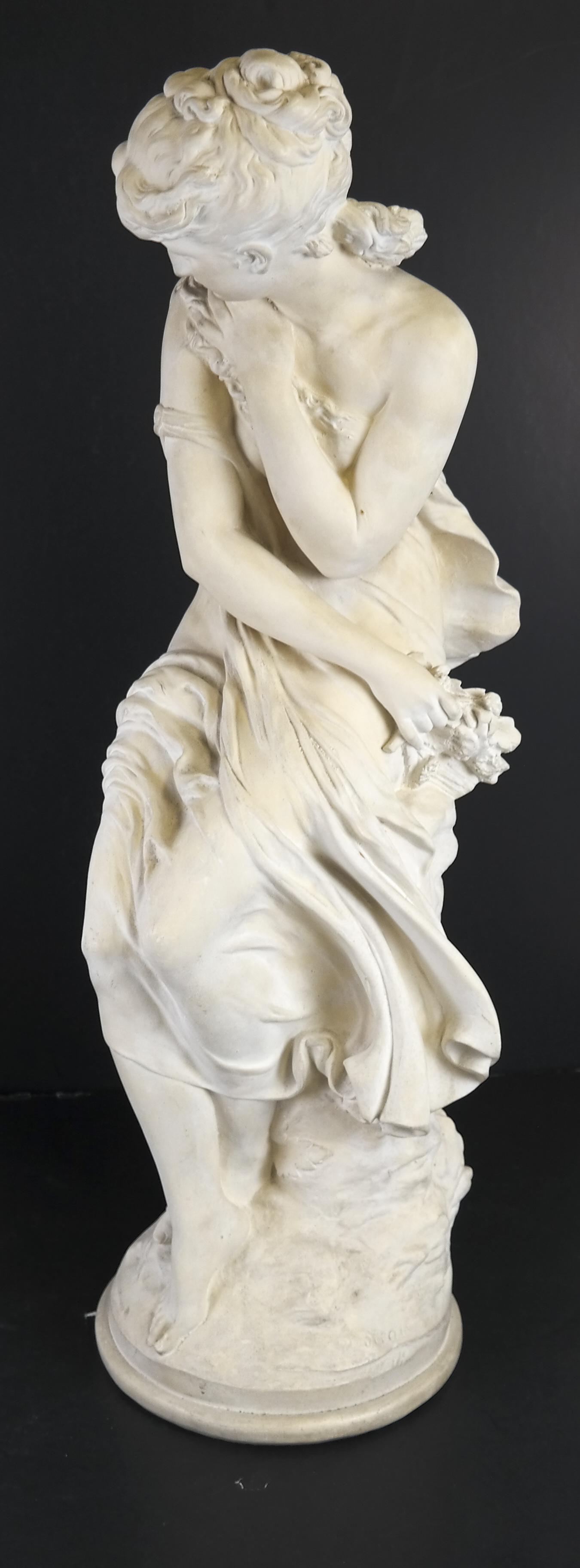 Parian Bisque Sculpture of Seated Woman: Parian bisque sculpture of seated woman, possibly Sevres, France. [Base: 25 x 8 (dia) inches]. In overall good condition.