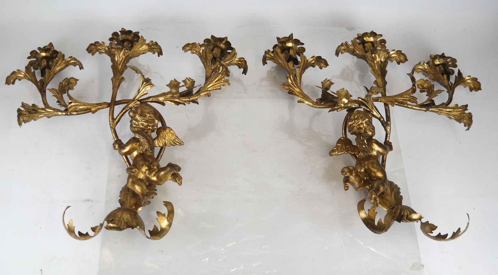 Pair Gilt Wood & Tole Sconces Putti -Cherub Decor (1 of 4)