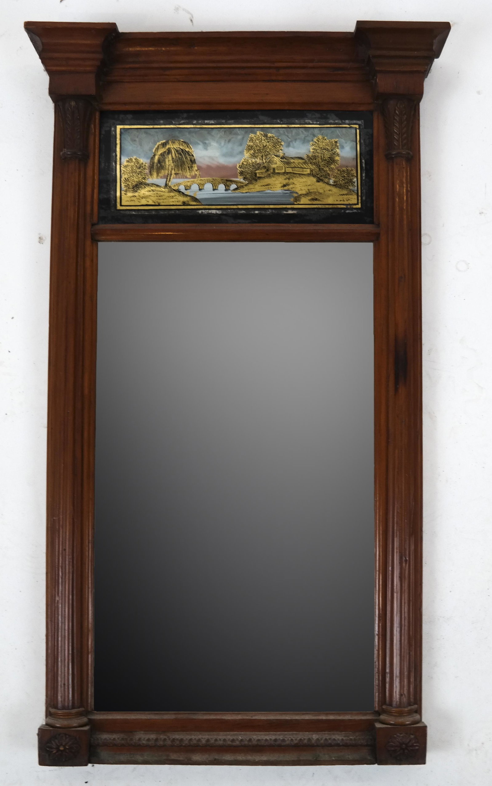 Eglomise-Style Pier Mirror: Pier mirror with a reverse painted scene at the top. [30 1/2 x 18 x 3 inches].
