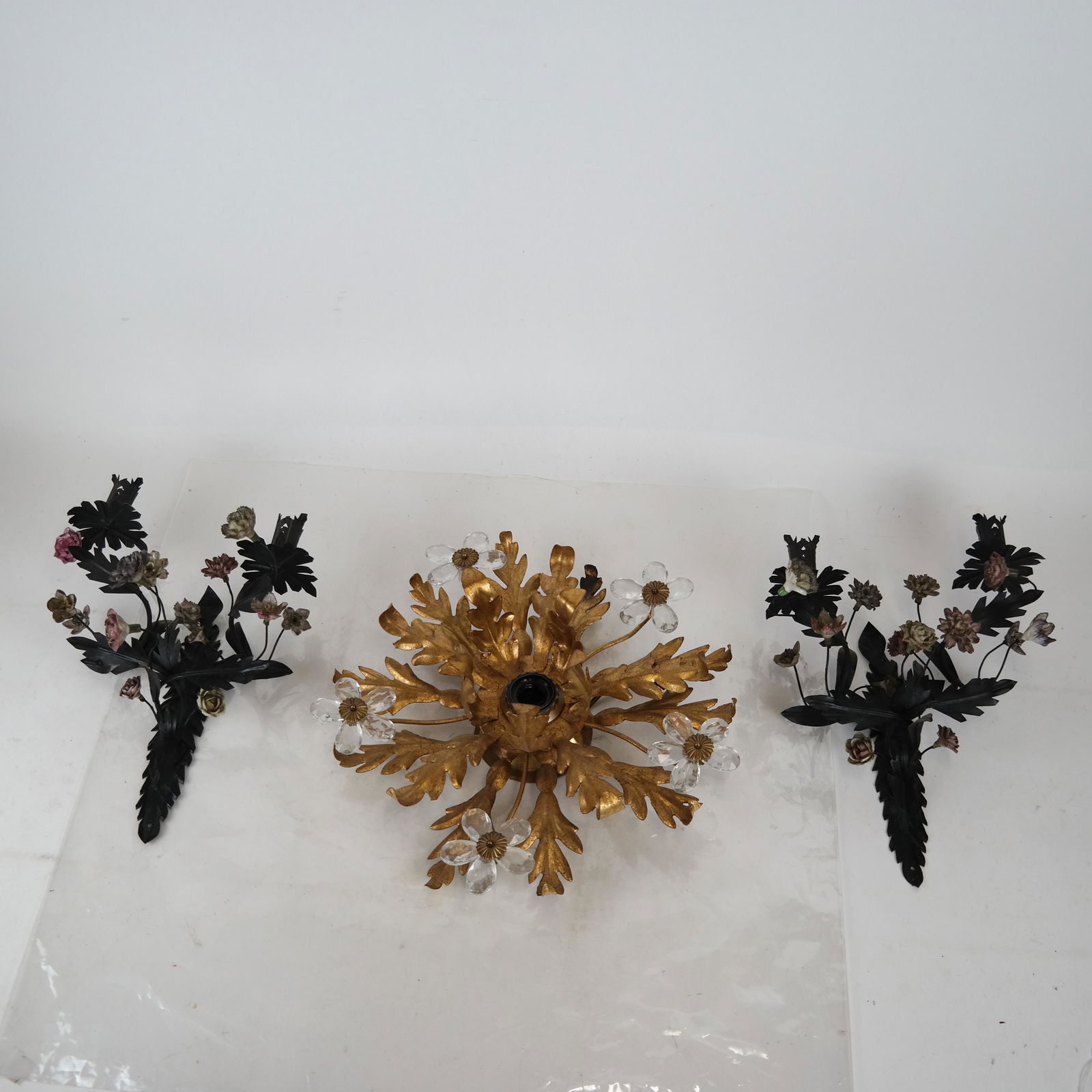 Pair Tole Sconces and Gilt Tole Fixture (1 of 9)