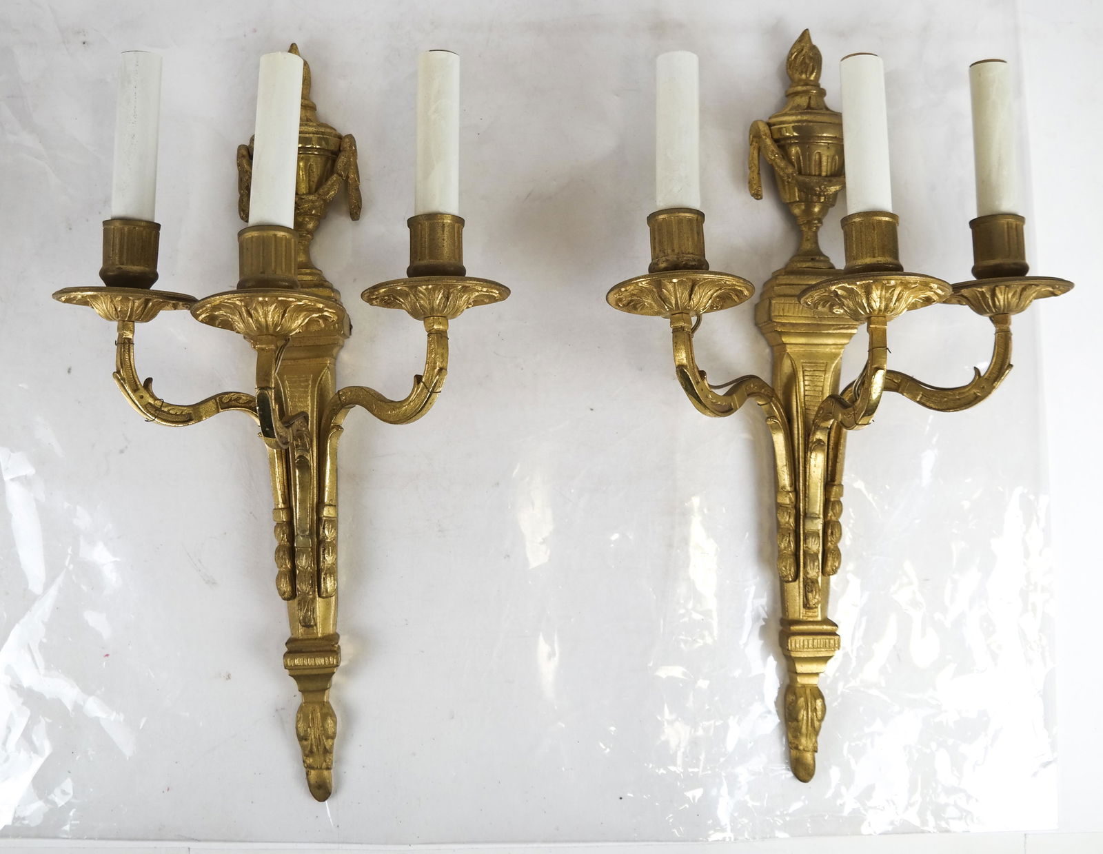 Pair French Three-Light Bronze Dore Sconces (1 of 6)