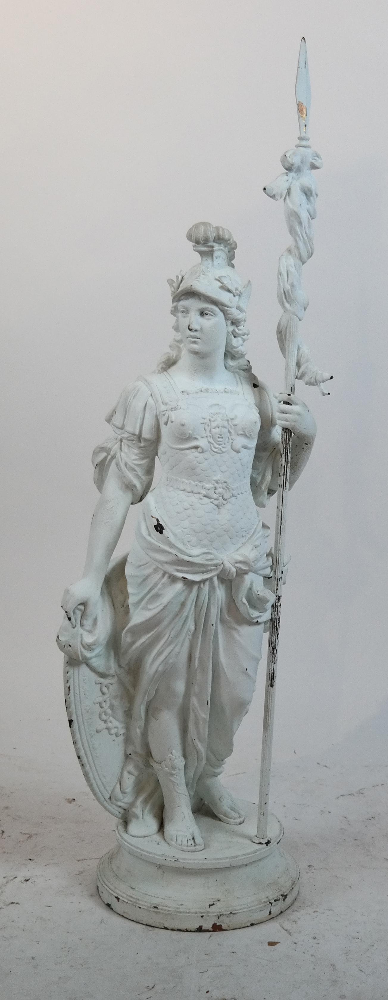 Classical Diana the Huntress Metal Sculpture: Classical Diana the Huntress metal (zinc, lead) sculpture. [48 1/2 x 12 1/4 (dia) (base) inches]. Paint losses throughout.
