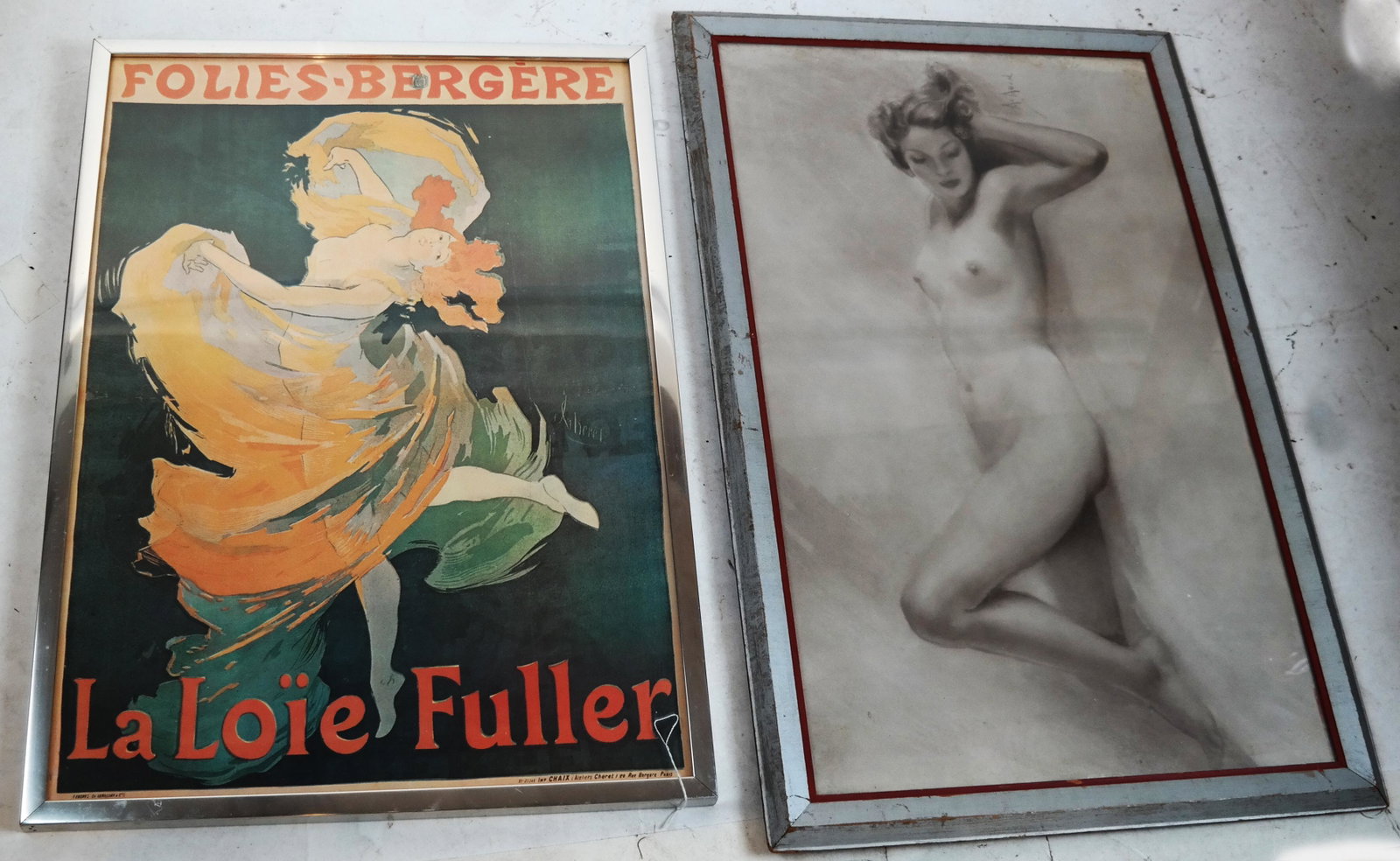 Print of Nude Woman, Poster of Folies Bergere: A print of a reclining, nude woman [35 x 24 1/2 inches] and a poster [25 x 39 inches].