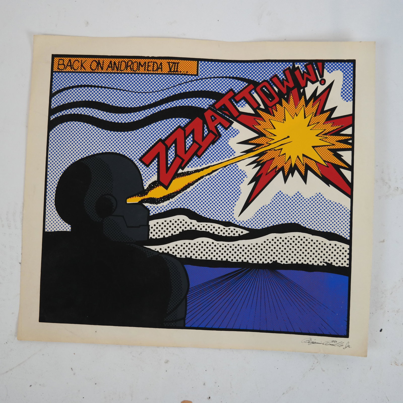 Benj. BIRILLO, Jr.: "Back on Andromeda" - Print: Unframed silkscreen Pop Art print on paper titled "Back on Andromeda VII...", signed lower right "Benjamin Birillo Jr." in ink. 14 7/8 x 16 3/4 inches]. Edges with creases.