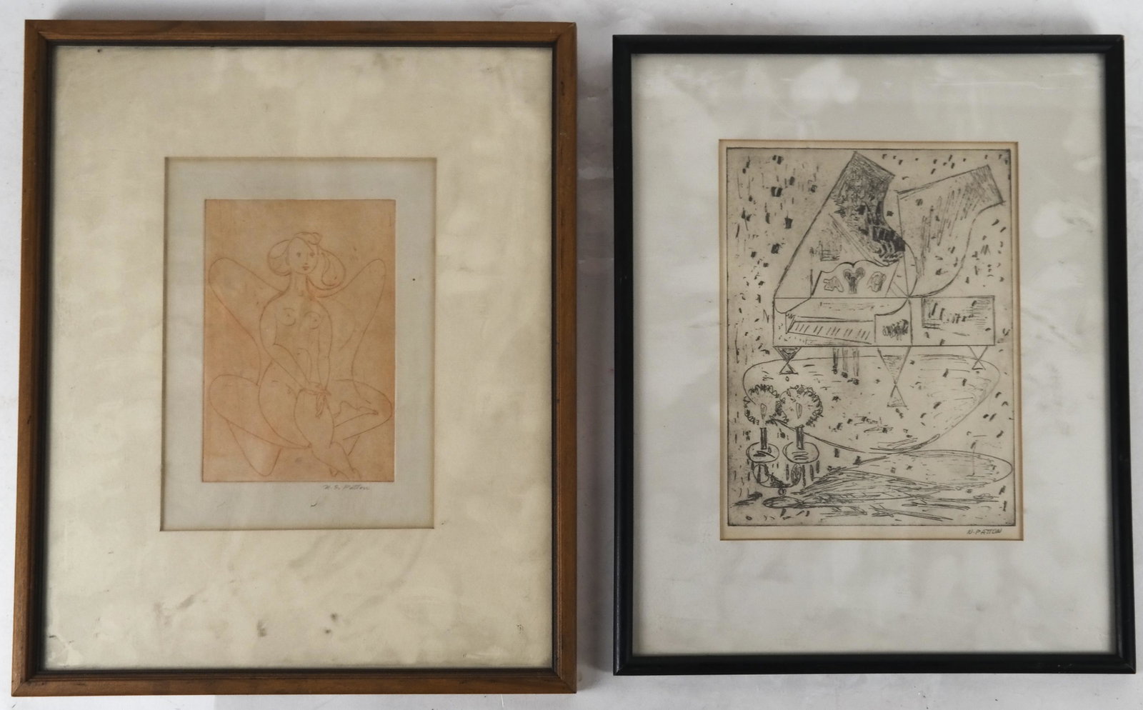 N. PATTON: Female Nude (Print) & Piano (Drawing): A female nude print [Art: 7 1/2 x 6 inches; Frame: 13 1/4 x 10 1/2 inches] and a drawing of a piano [Art: 5 1/2 x 4 inches; Frame: 14 x 11 1/4 inches]. Both signed.