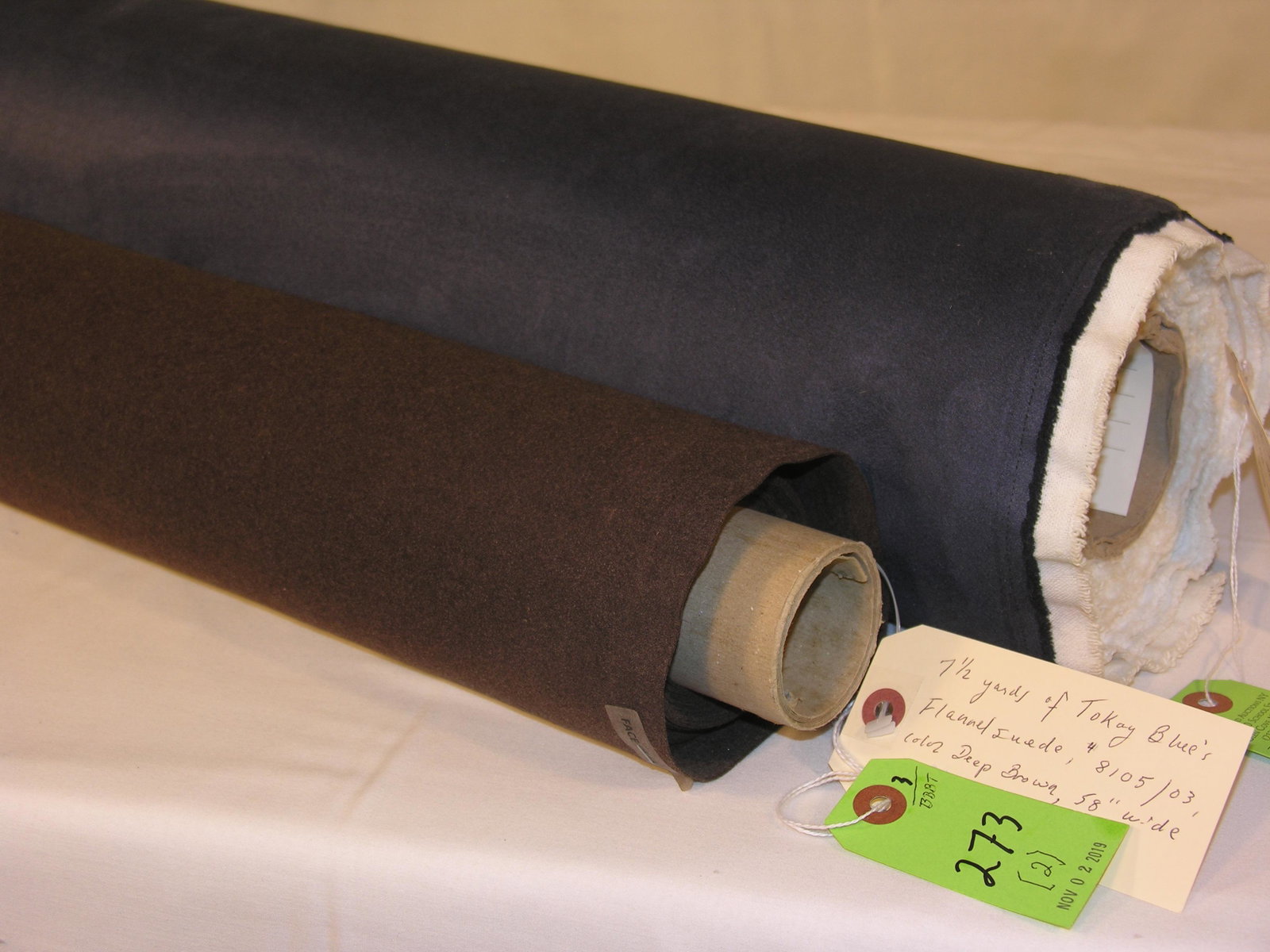 Tokay Blue and Elizabeth Dow Suede Fabrics: 1) 14 yards of Elizabeth Dow's Indigo Ultra Suede, #7000-10, which has been fabric-backed. The 60-inch width upholstery weight is great for furniture or walls. 2) 7 1/2 yards of Tokay Blue's deep brow