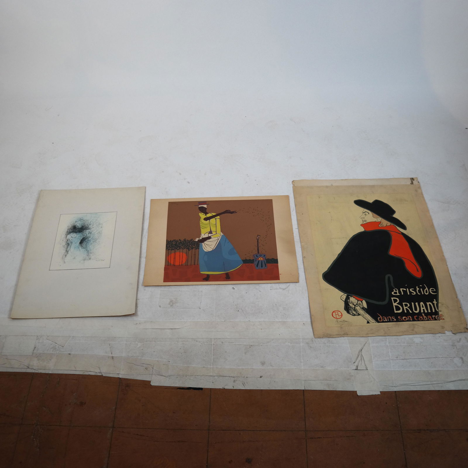 TOULOUSE-LAUTREC, GWATHMEY, TROST: 3 Prints: Three unframed prints: 1) "Aristide Bruant", bearing stamp of Toulouse-Lautrec. Wear and small tears to edges; 2) Robert Gwathmey lithograph, signed in the plate lower left, of a woman scattering seed