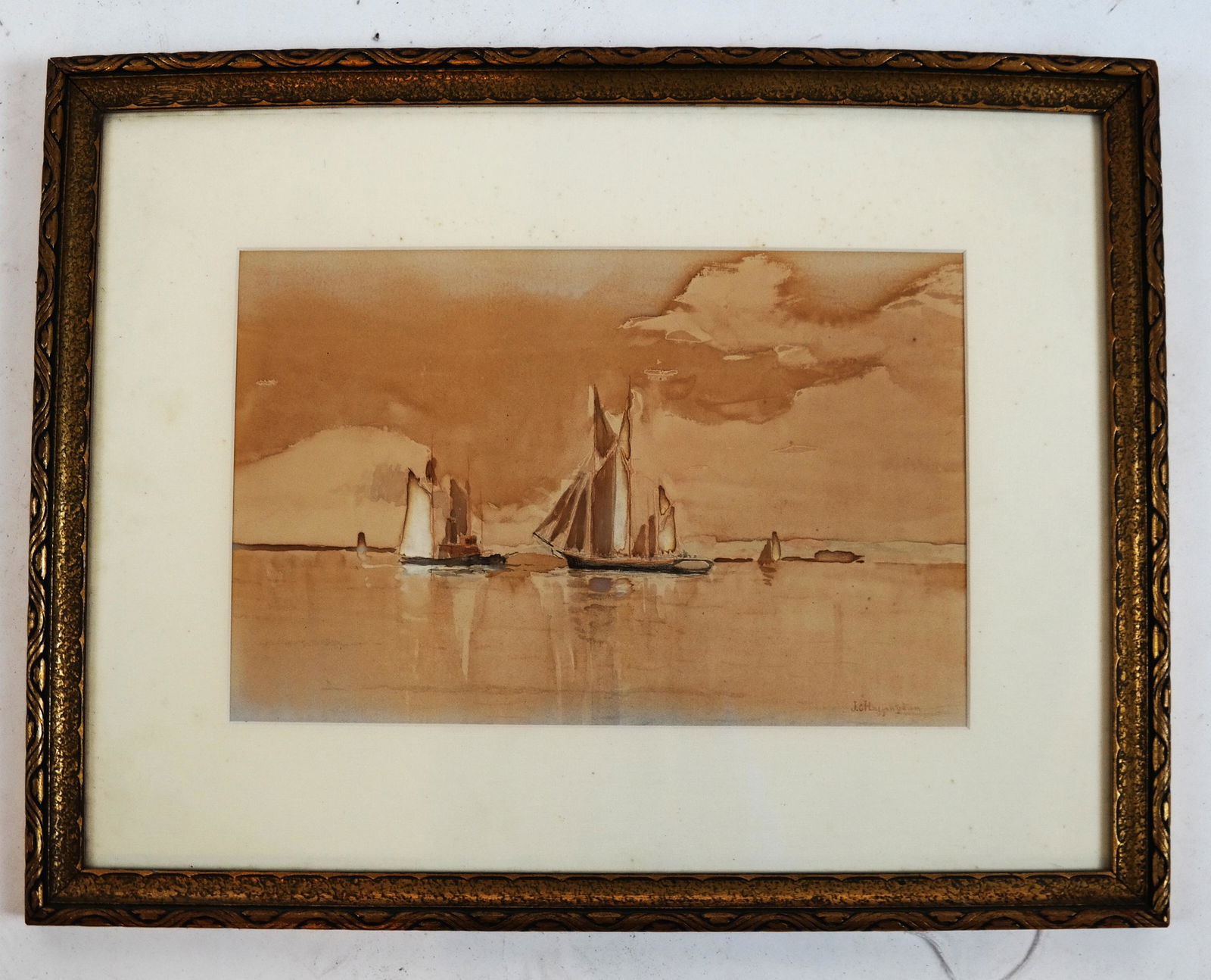John Clifford HUFFINGTON: Ships Reflecting on Wate: Framed watercolor, by John Clifford Huffington (American 1864-1929), signed lower right "J.C. Huffington", depicting ships reflected on water. [Sight: 9 x 14 inches; Frame: 16 5/8 x 21 5/8 inches]. Fo