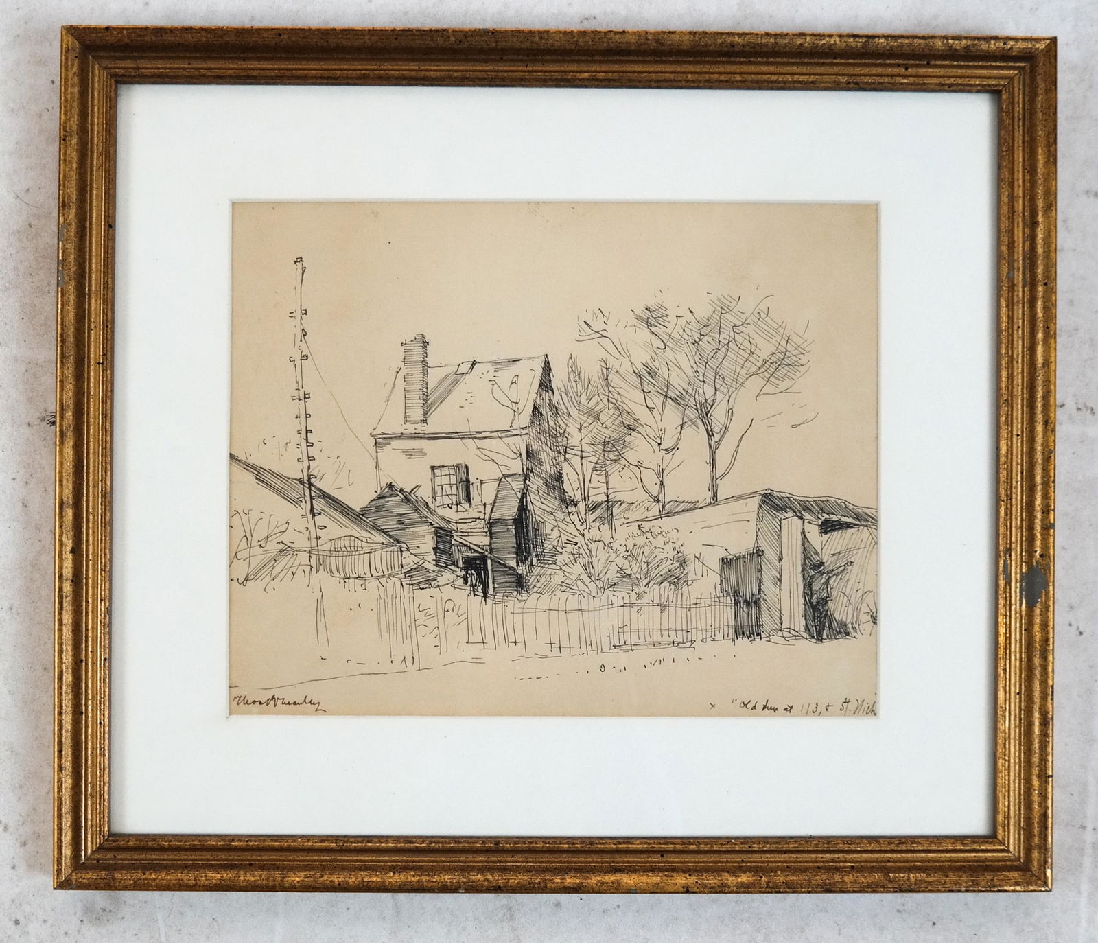 Thomas R. MANLEY: Homes - Two Pen & Ink Works: Two framed works by Thomas R. Manley (American, 1853-1938), Winner Bronze Medal 1904, St. Louis Expo, bearing label verso for Berry-Hill Galleria, Inc. NYC. [Art: 7 1/2 x 9 1/4 inches; 7 1/2 x 9 1/4 i