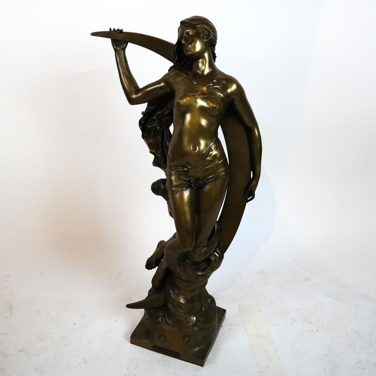 Edouard DROUOT: La Nuit - Bronze Sculpture: French patinated bronze sculpture of a nude female titled "La Nuit". "Medaille aux Beaux Arts". [37 inches high]. Patina wear.