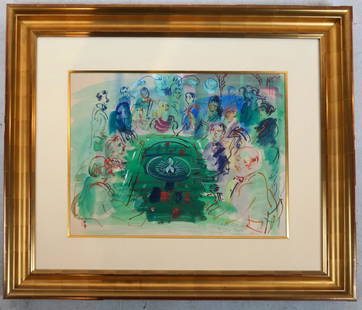 Roger BERTIN: Monte Carlo - Watercolor, 1961: Framed watercolor of card game, titled "Monte Carlo", by Roger Bertin (French, 1915-2003), signed lower right and dated, 1961. [Art: 19 x 24 inches; Frame: 35 1/2 x 40 inches]. In good condition.