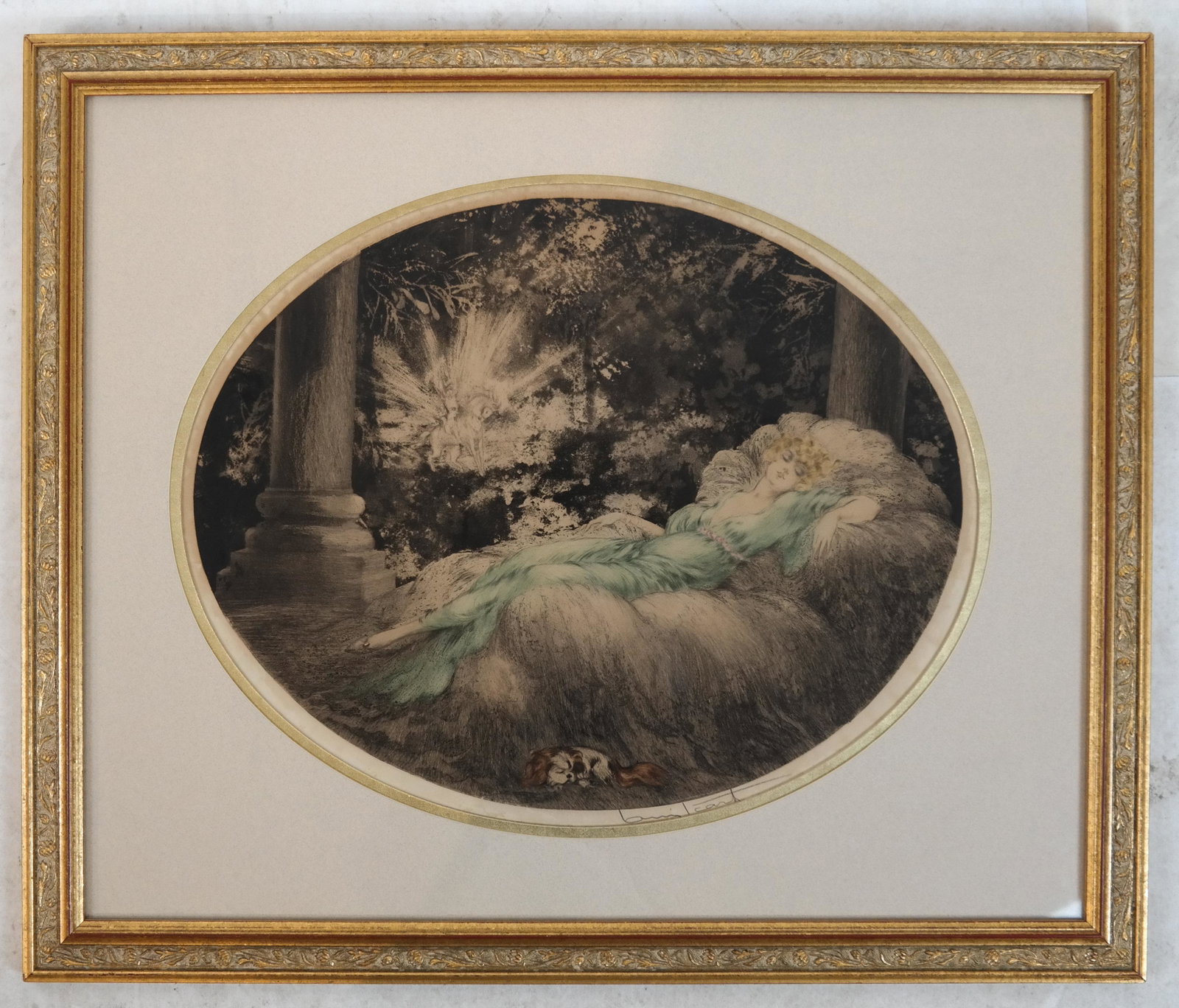 Louis ICART: "Sleeping Beauty" - Etching: Louis Icart etching, "Sleeping Beauty", "Edite par les Artiste Modernes, 5 Rue Scribes, Paris, 1927". Blind stamp lower left, covered by the mat. [Art: 14 x 18 inches; Frame: 22 3/4 x 27 inches]. Fadi