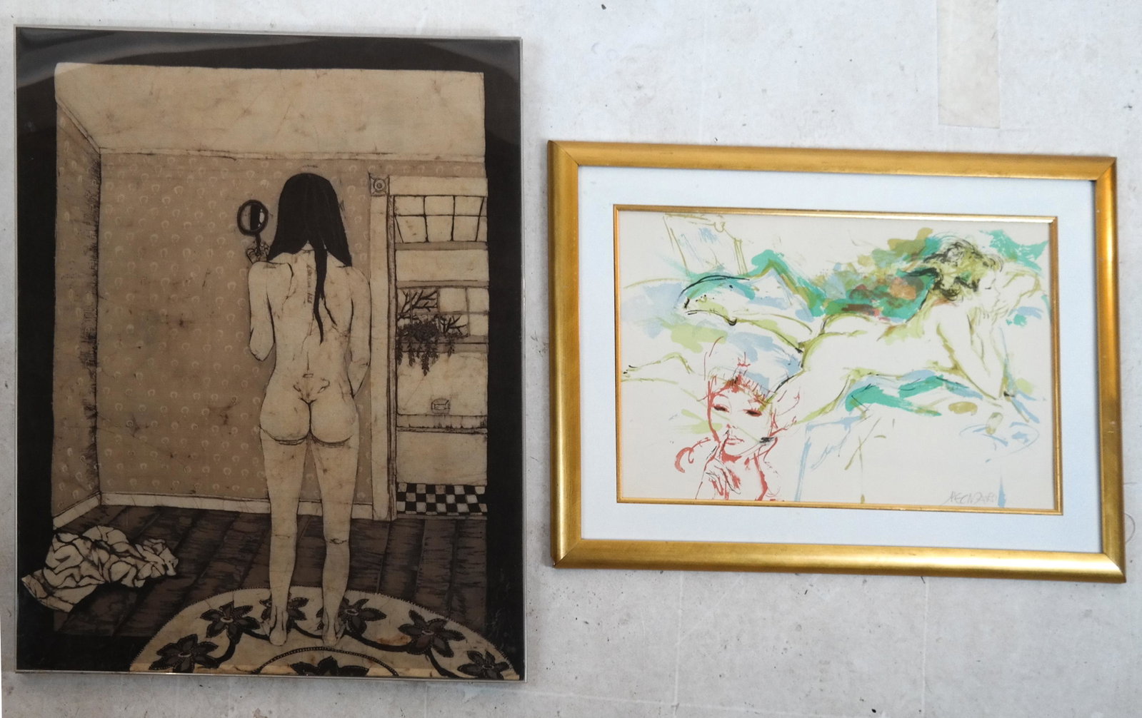 Two Prints - Female Nudes: A print of a reclining nude and a print of a rear-facing nude woman. [20 x 28 inches; 31 x 24 1/2 inches]. In good condition.