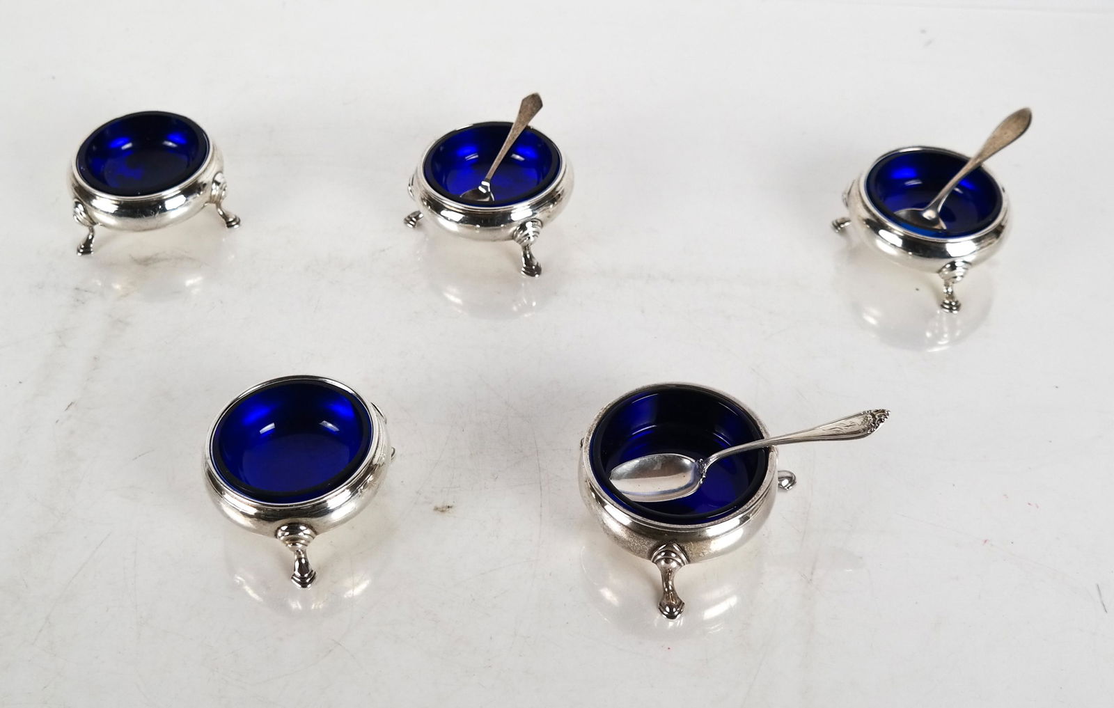 5 Sterling Silver Salts w/ Cobalt Liners, 3 Spoons (1 of 10)