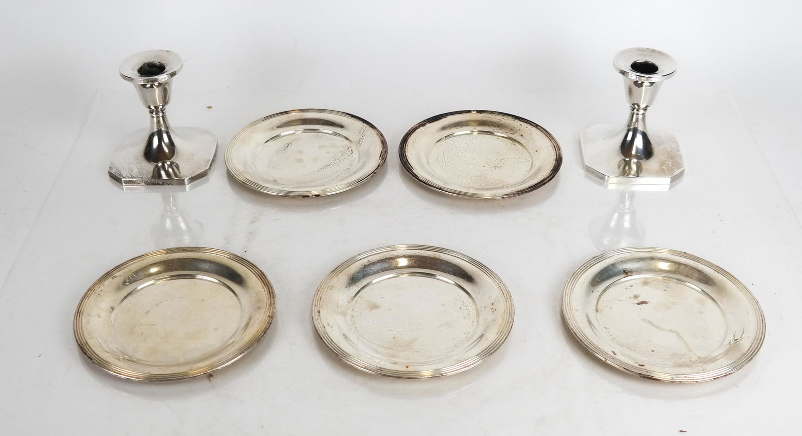 Pair Sterling Candlesticks & 5 Sterling Plates (1 of 6)