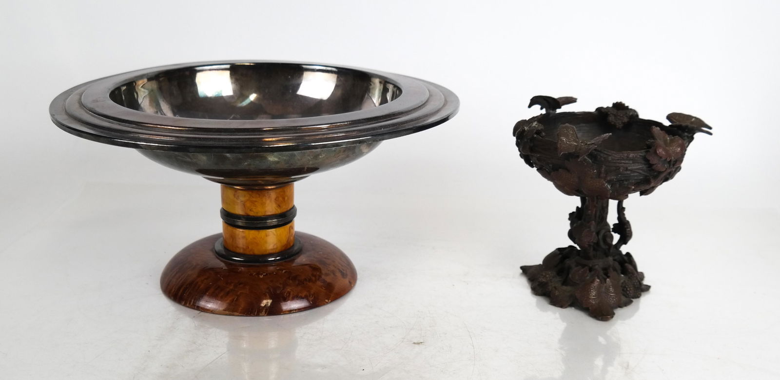 Silver Plate & Wood Compote & Bronze Bird Bath (1 of 8)