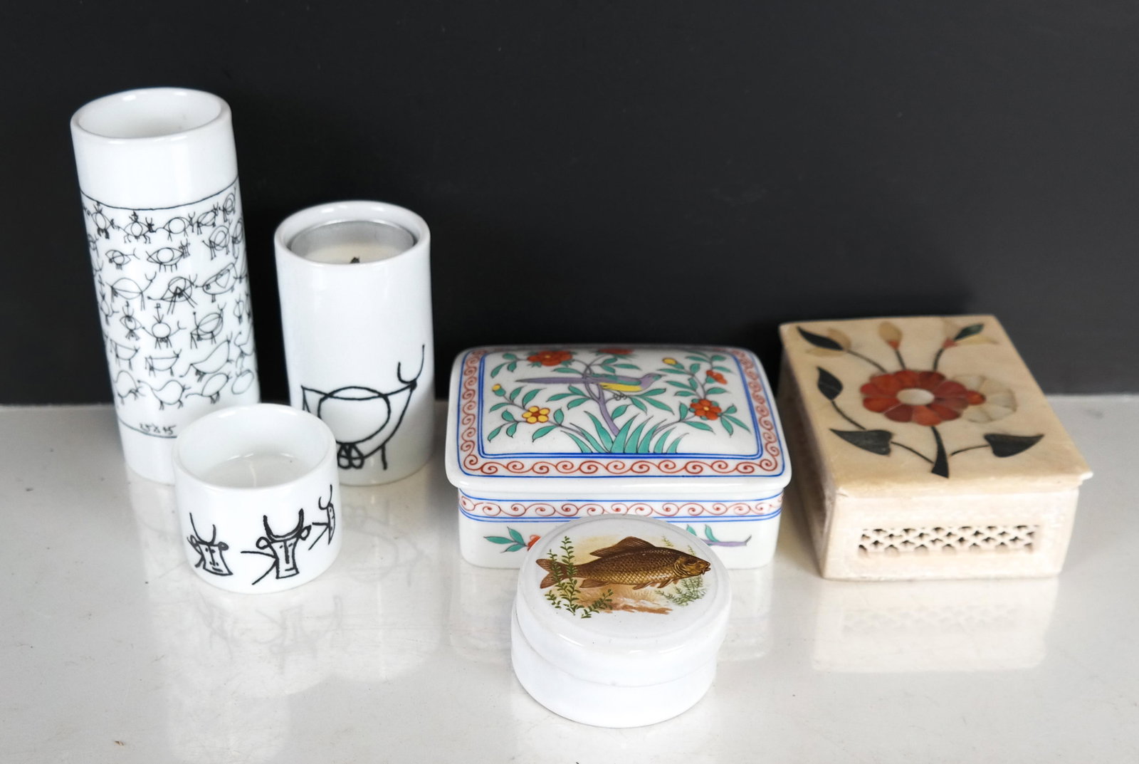 Picasso Succession 2004 Votives, Others: 3 Picasso Succession 2004 votive holders, in three sizes [Tallest: 4 3/4 x 1 3/4 (dia) inches], a soapstone box, a porcelain box and a gent's relish pot [Largest: 1 3/8 x 4 x 3 inches].