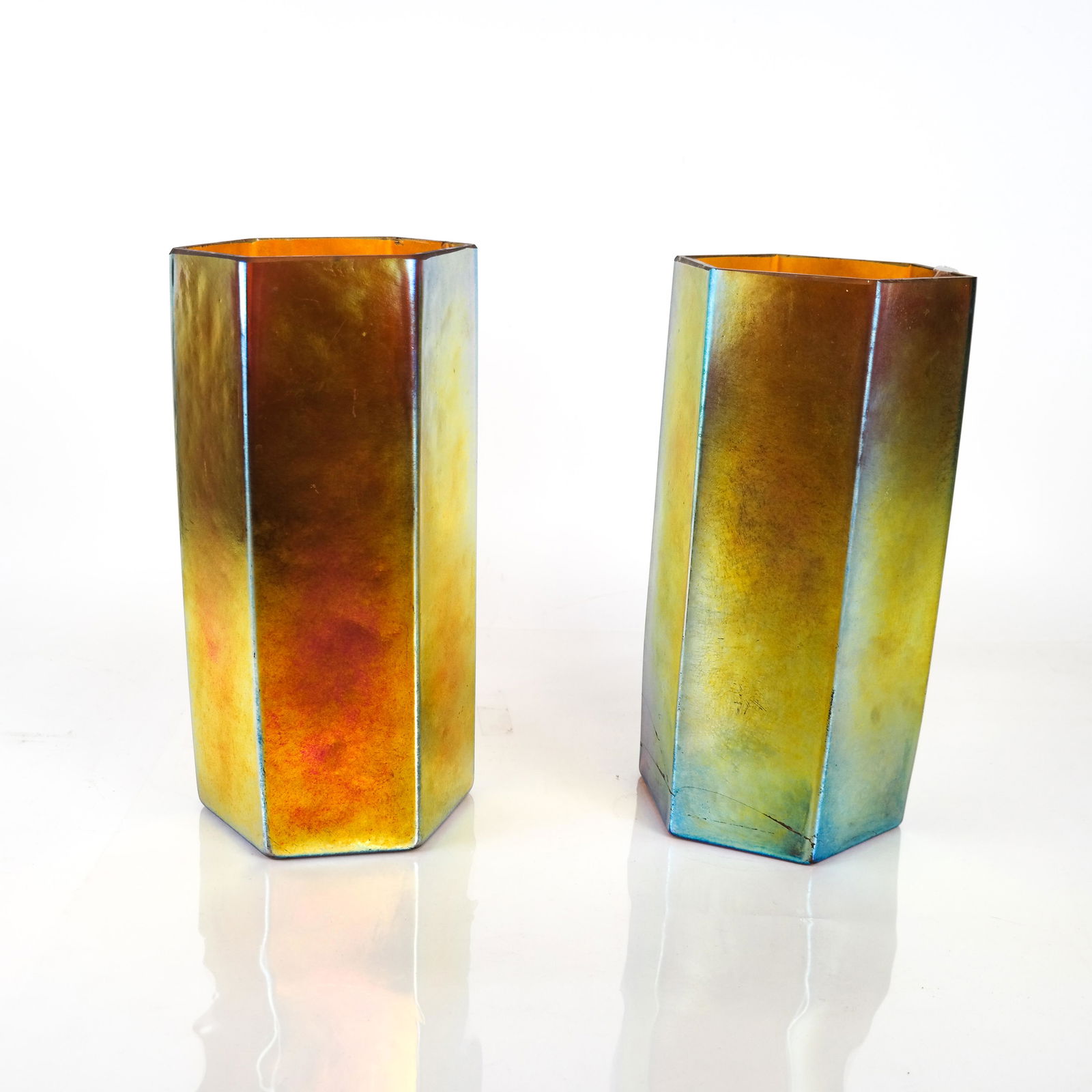 CARDER (Steuben) Pair Hexagonal Aurene Glass Vases (1 of 8)