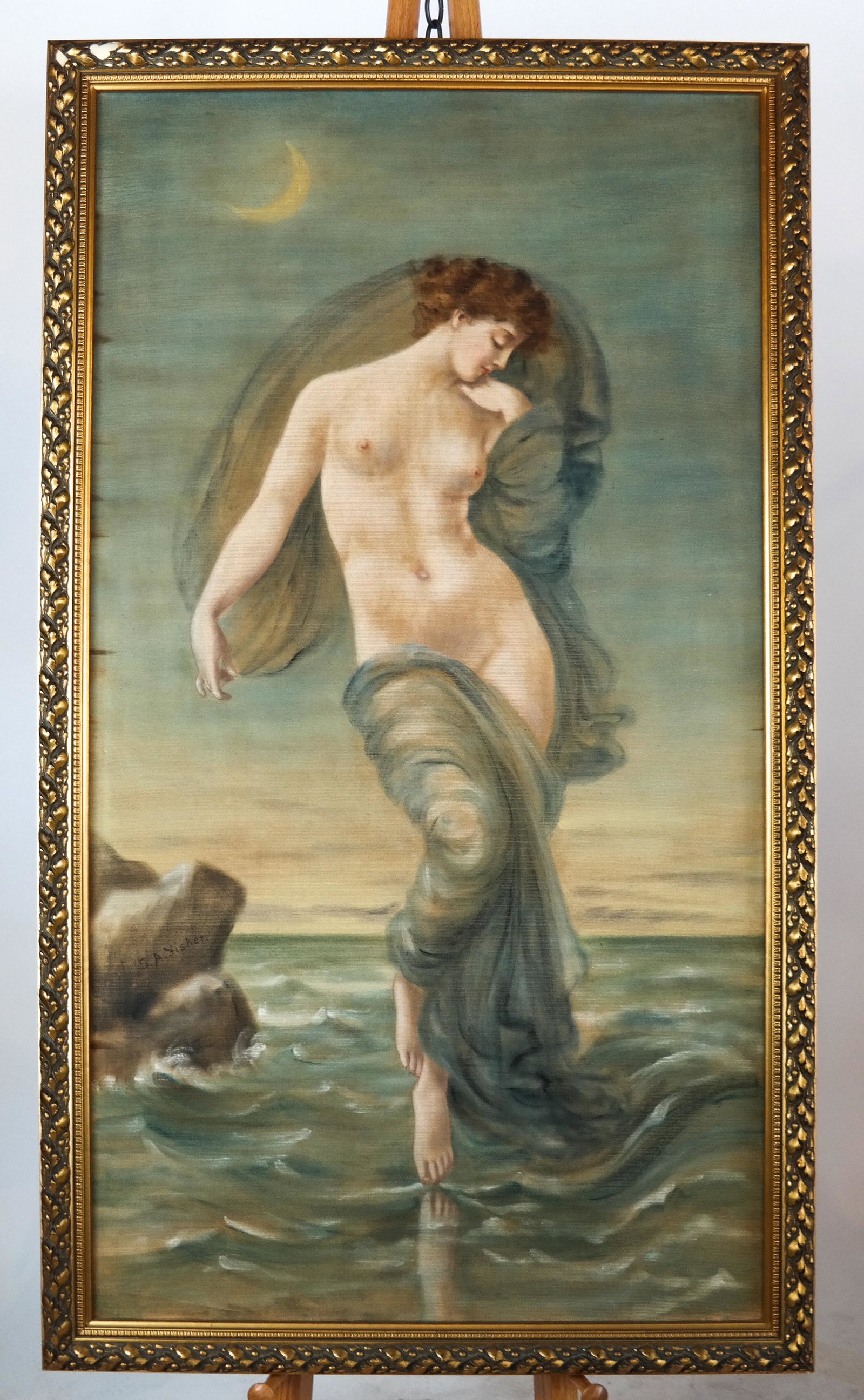 S.A. FISHER: Venus Rising - Oil on Fabric: Framed painting of a nude Venus rising from the sea. Signed lower left center "S.A. Fisher". In modern frame. [Sight: 50 x 27 inches; Frame: 54 x 31 inches]. In good condition.