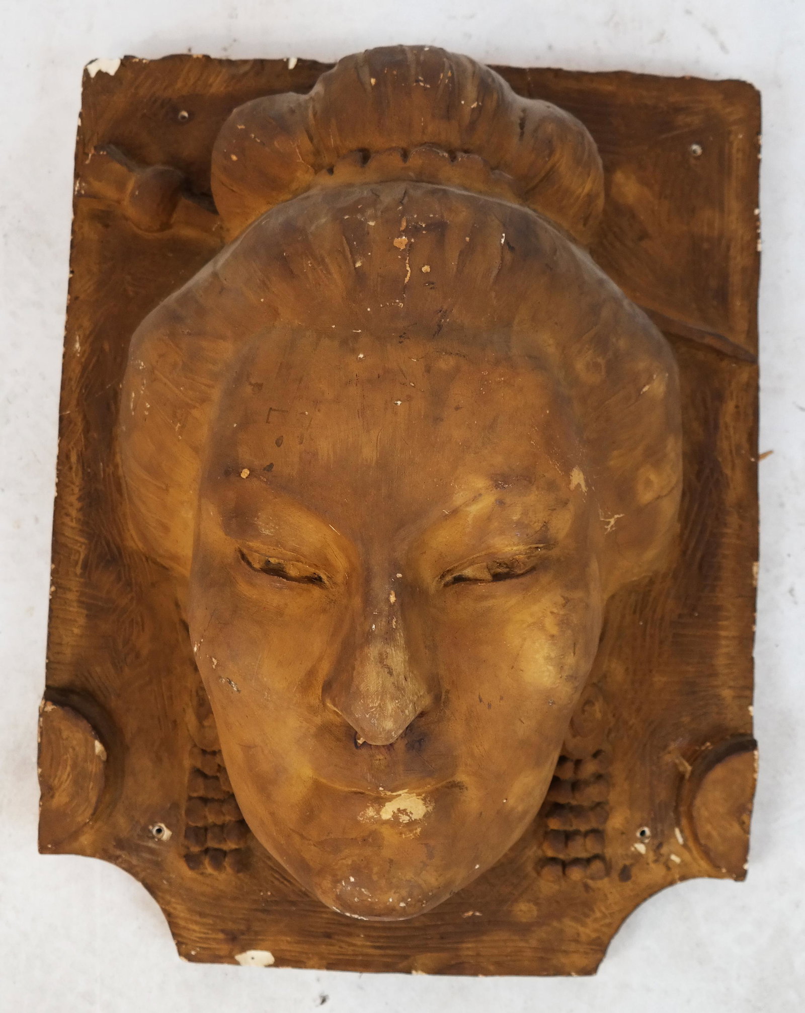 Asian Plaster Relief of Female: Asian plaster relief depicting a female. [21 1/2 x 17 x 9 (approx.) inches]. Losses throughout.