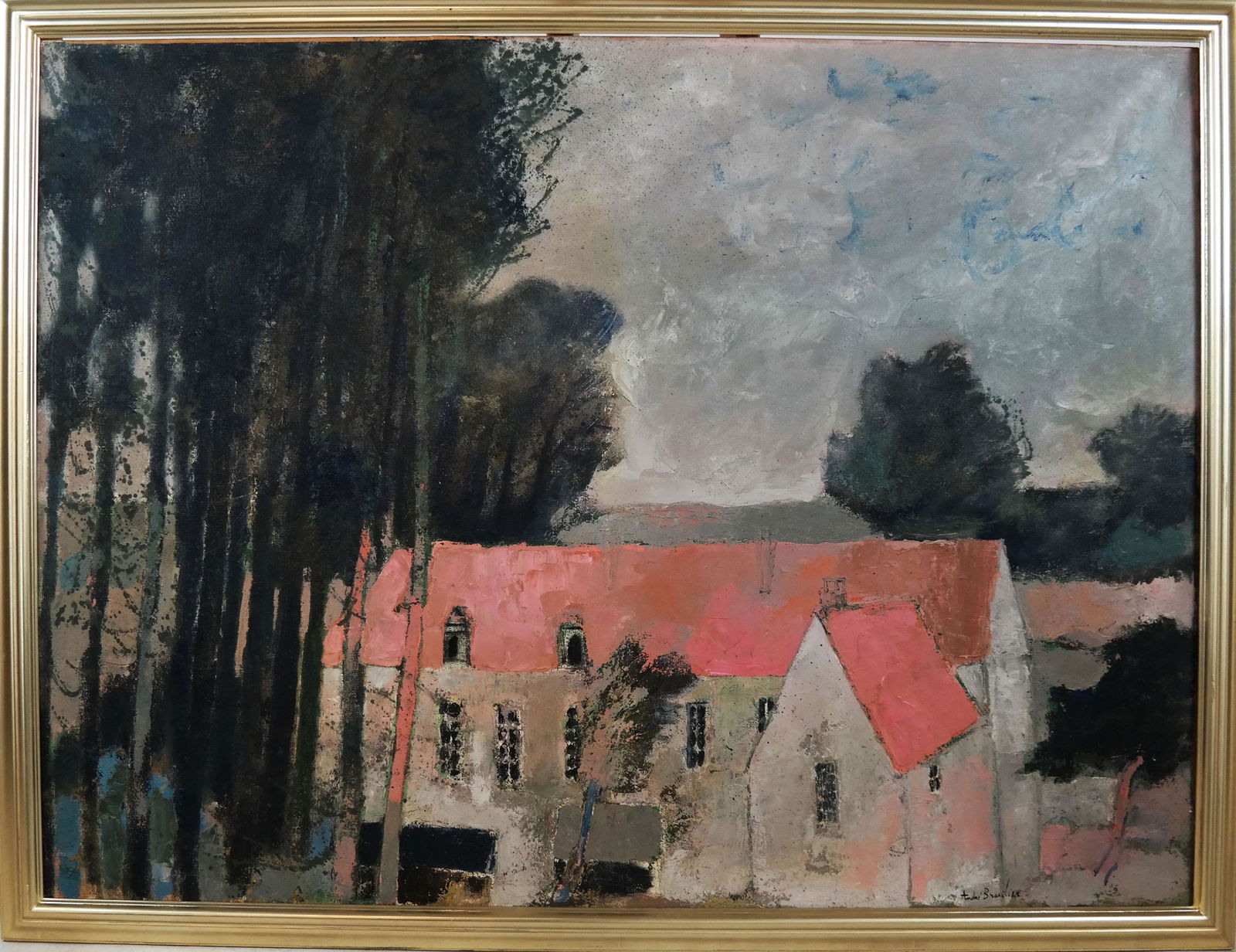 Andre BRASILIER: House with Orange Roof - O/C: Oil on canvas of a house with an orange roof, with trees on the left, by Andre Brasilier (French, b. 1929). Signed lower right. [Art: 37 1/2 x 50 inches; Frame: 43 x 55 inches]. In good condition.
